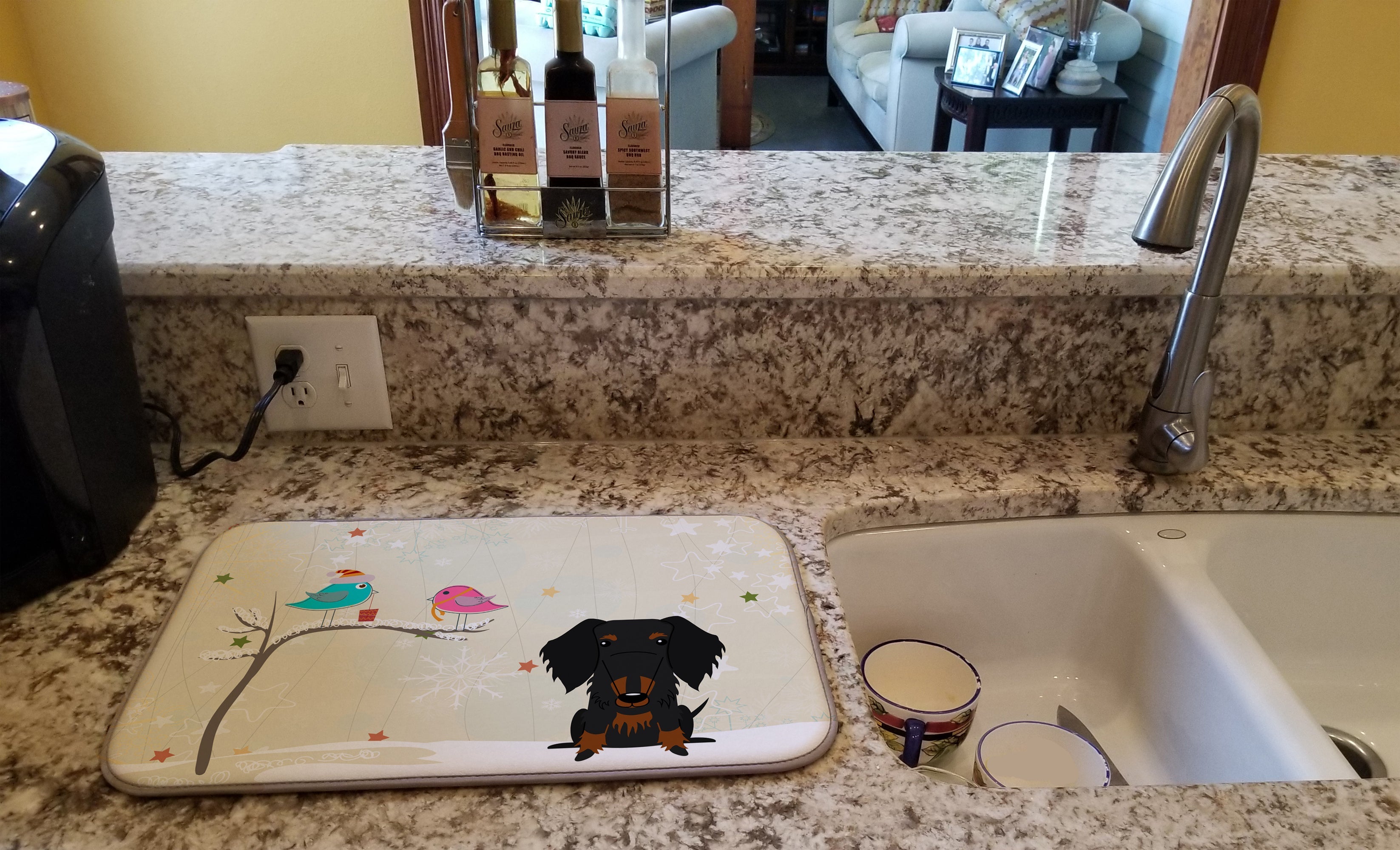 Christmas Presents between Friends Dachshund - Wire - Black Dish Drying Mat Absorbent Dish Drying Mat Pad for Kitchen Counter Dish Drainer Mat for Countertop, 14 x 21", Multicolor