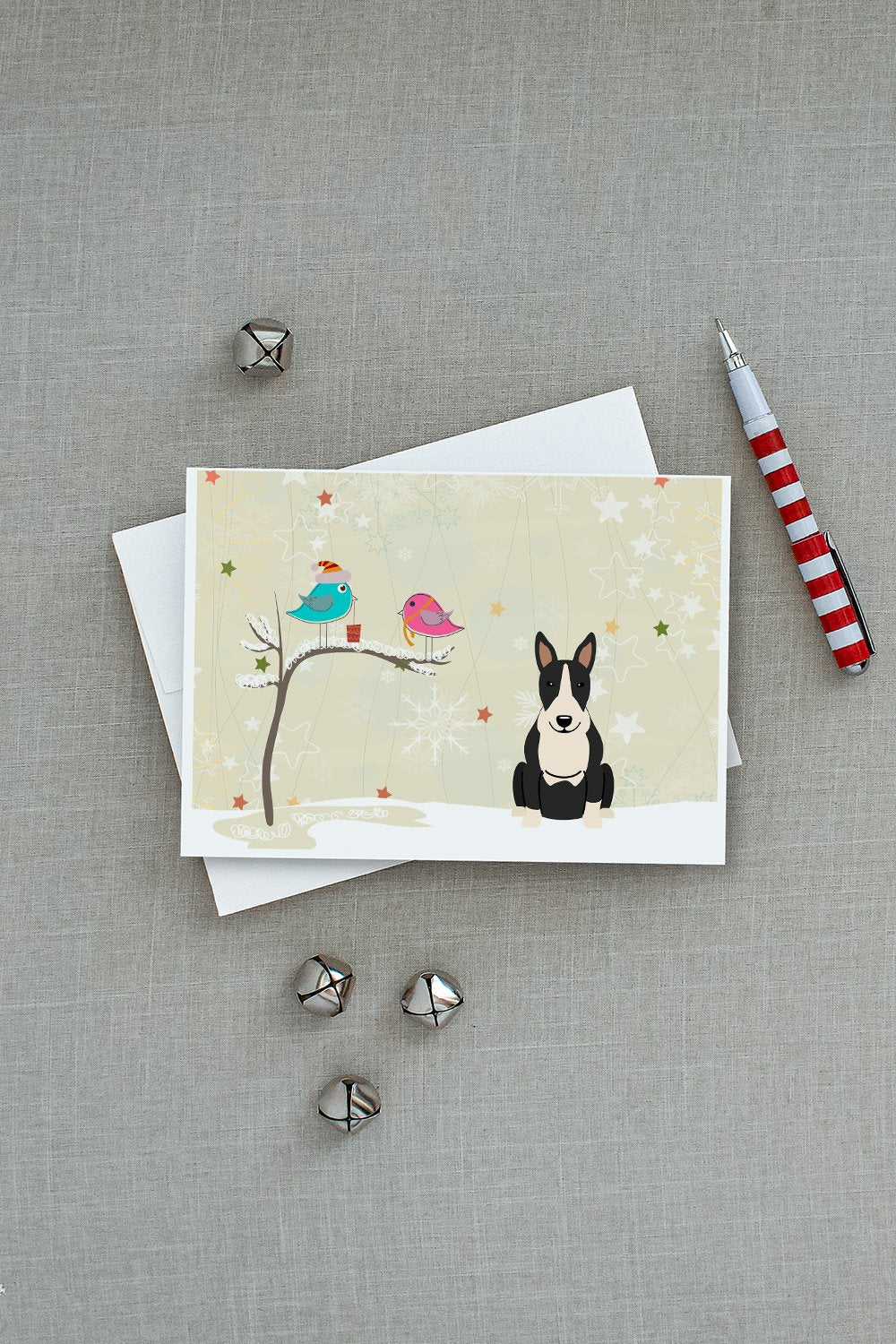 Christmas Presents between Friends Bull Terrier - Black and White Greeting Cards Pack of 8 Blank Cards with Envelopes Whimsical A7 Size 5x7