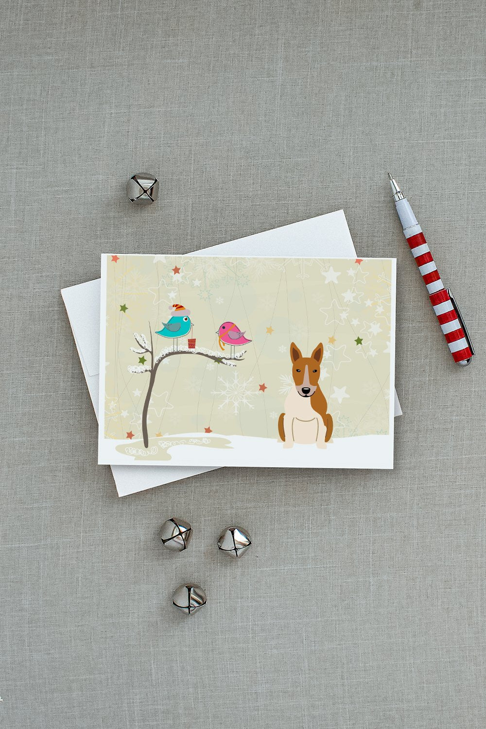 Christmas Presents between Friends Bull Terrier - Red and White Greeting Cards Pack of 8 Blank Cards with Envelopes Whimsical A7 Size 5x7