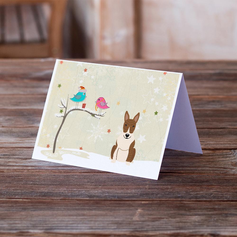Christmas Presents between Friends Bull Terrier - Brindle Greeting Cards Pack of 8 Blank Cards with Envelopes Whimsical A7 Size 5x7