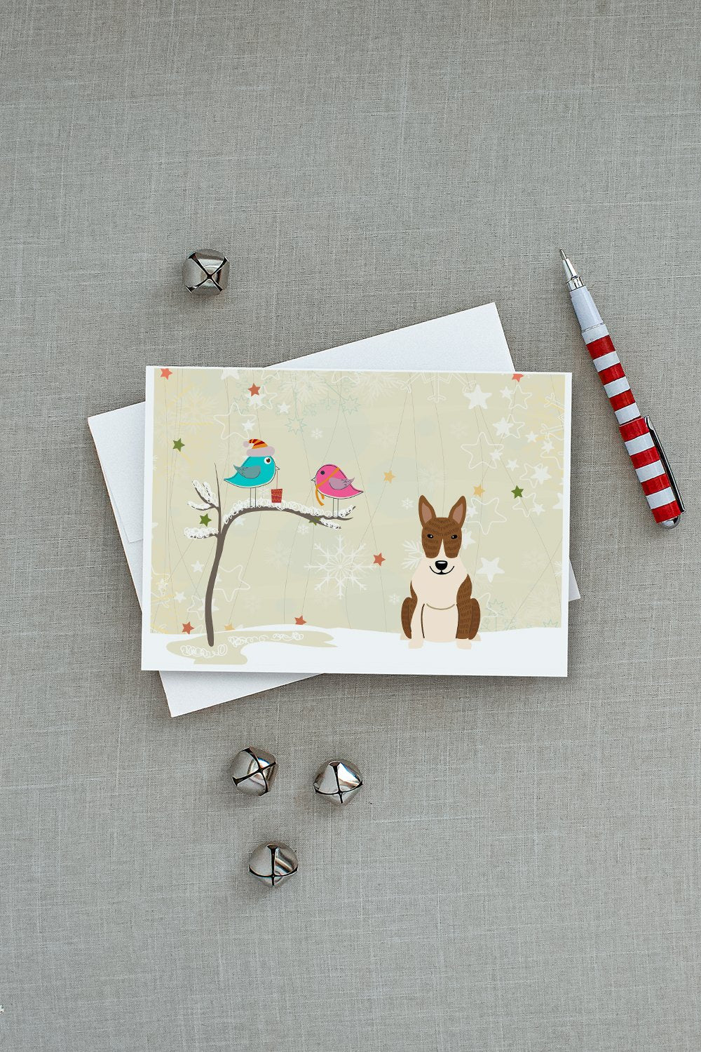 Christmas Presents between Friends Bull Terrier - Brindle Greeting Cards Pack of 8 Blank Cards with Envelopes Whimsical A7 Size 5x7