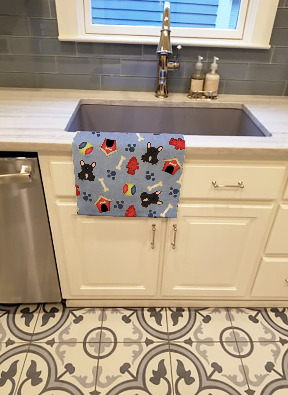 Dog House Collection French Bulldog Brindle Kitchen Towel Velour Plush Front and Cotton Loop Back Machine Washable