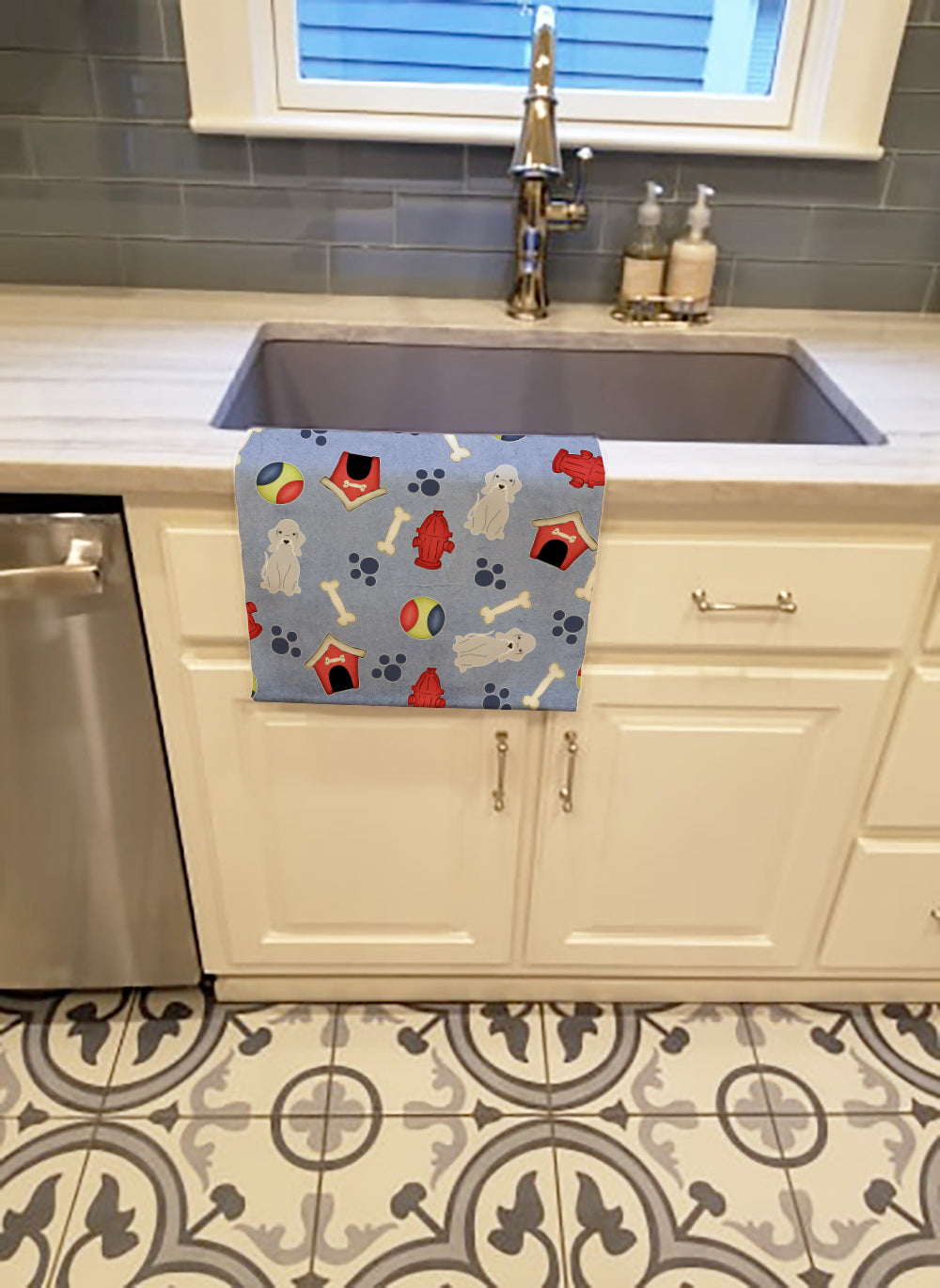 Dog House Collection Bedlington Terrier Blue Kitchen Towel Velour Plush Front and Cotton Loop Back Machine Washable