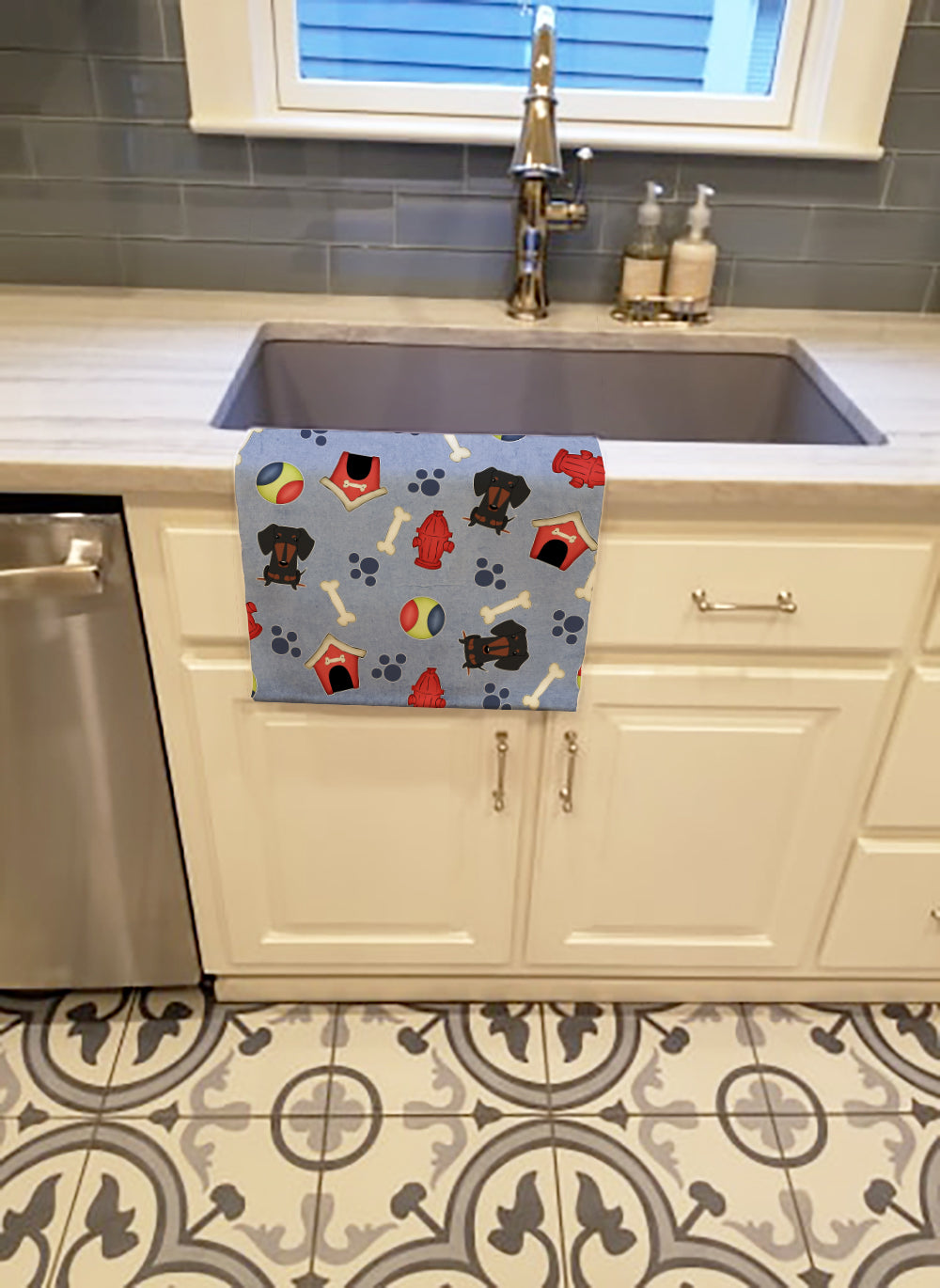 Dog House Collection Dachshund Black Tan Kitchen Towel Velour Plush Front and Cotton Loop Back Machine Washable