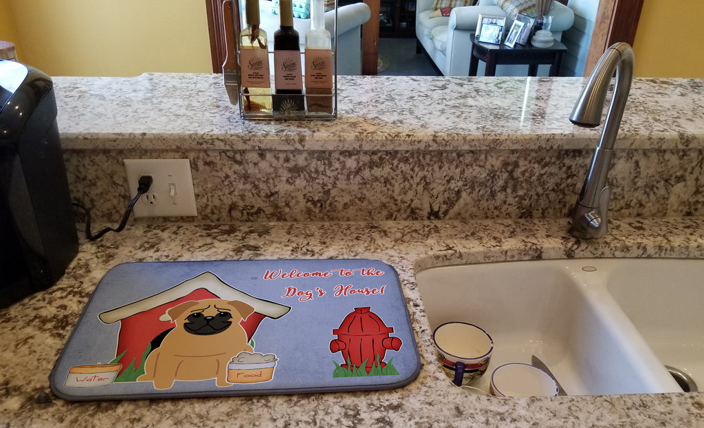 Dog House Collection Pug Brown Dish Drying Mat Absorbent Dish Drying Mat Pad for Kitchen Counter Dish Drainer Mat for Countertop, 14 x 21", Multicolor