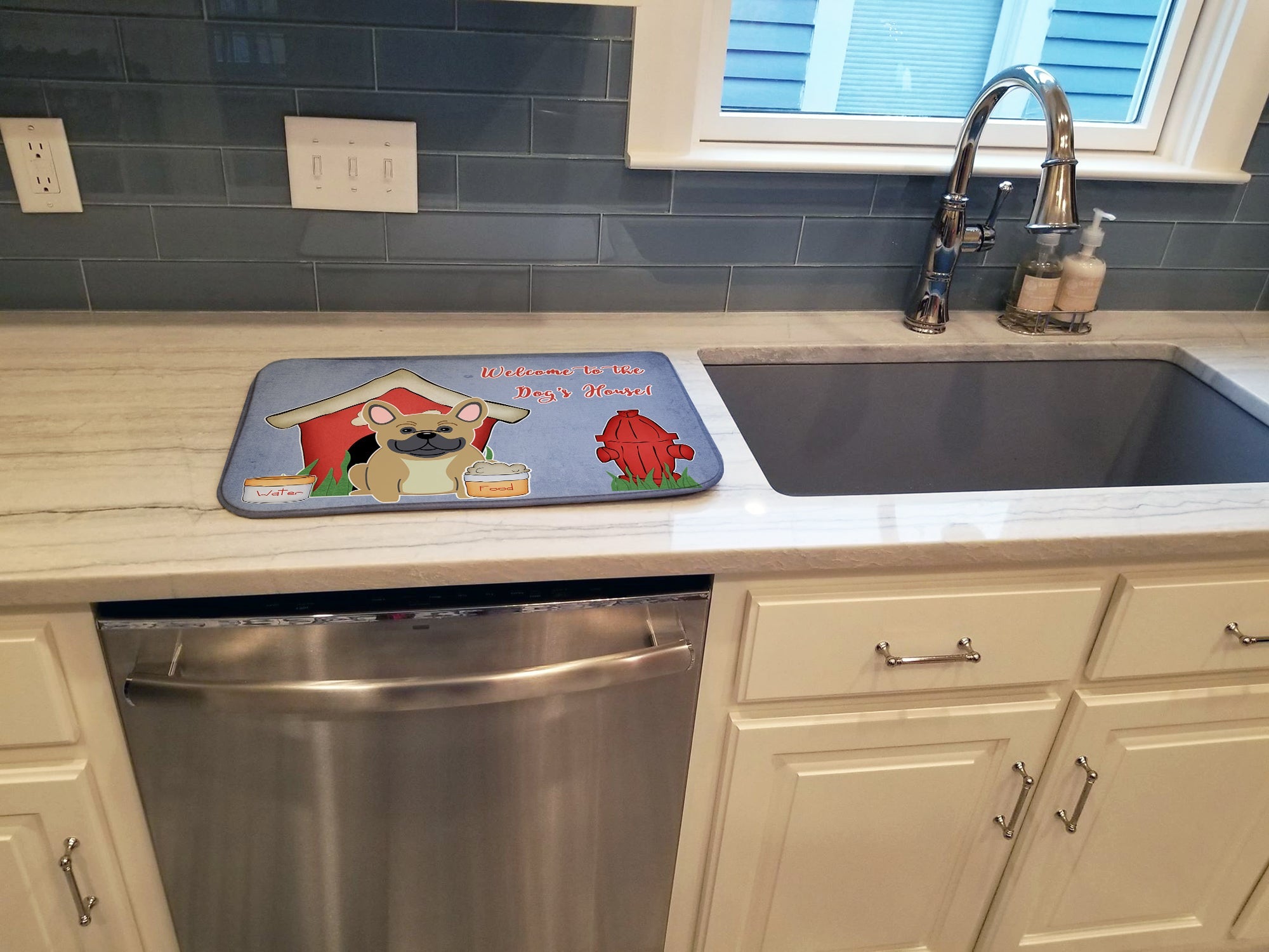 Dog House Collection French Bulldog Cream Dish Drying Mat Absorbent Dish Drying Mat Pad for Kitchen Counter Dish Drainer Mat for Countertop, 14 x 21", Multicolor