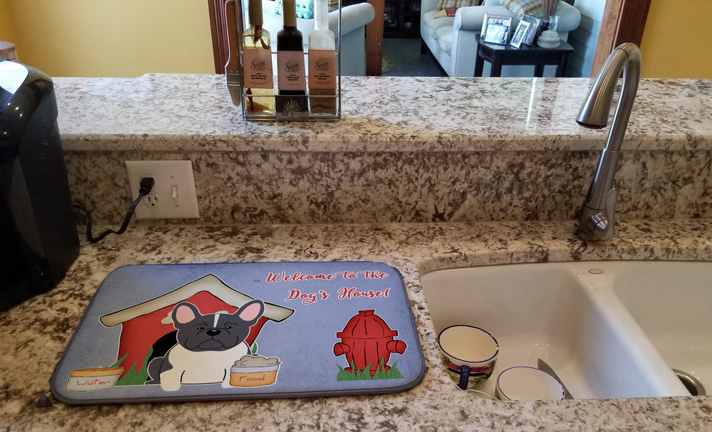 Dog House Collection French Bulldog Black White Dish Drying Mat Absorbent Dish Drying Mat Pad for Kitchen Counter Dish Drainer Mat for Countertop, 14 x 21", Multicolor