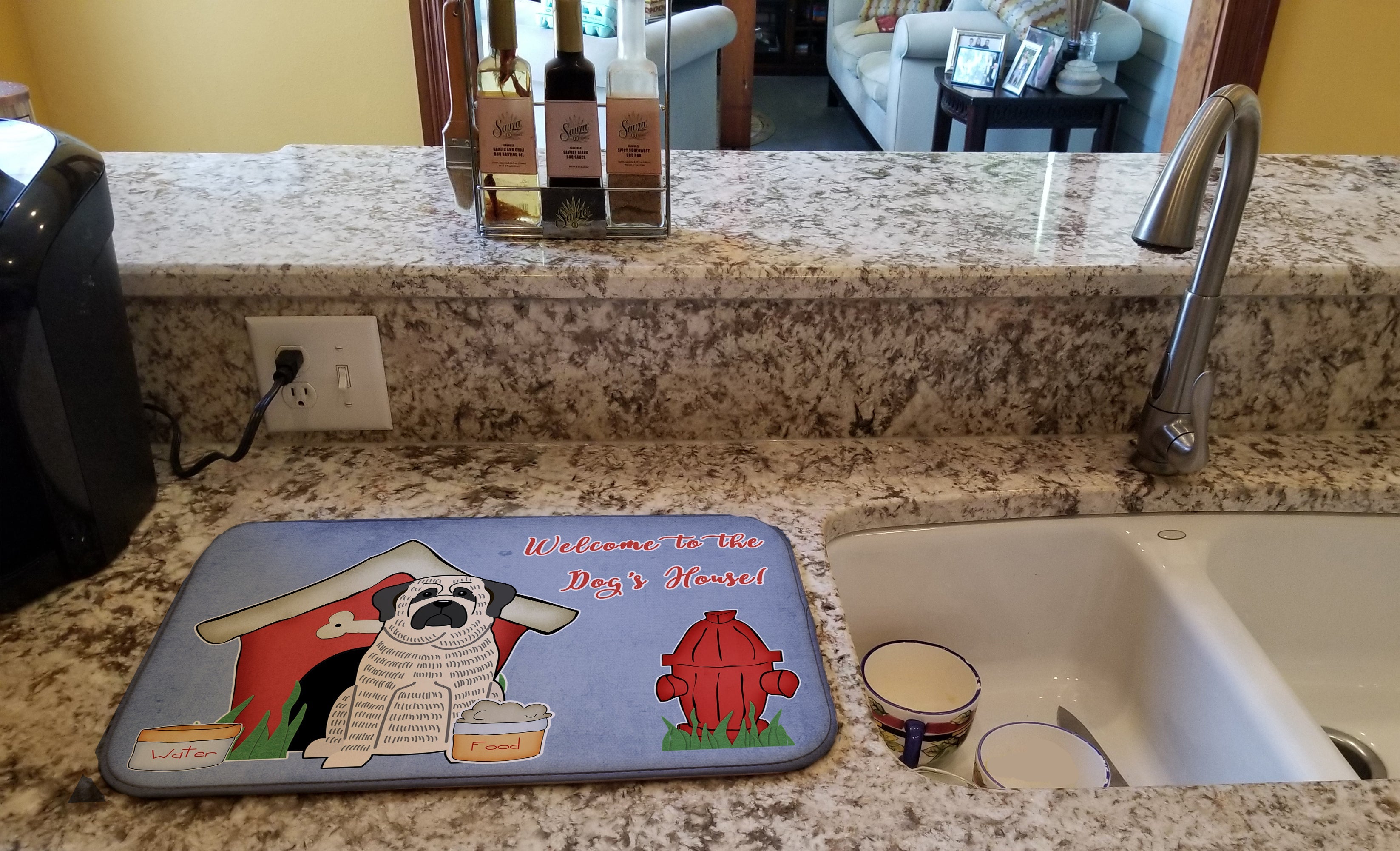 Dog House Collection Mastiff Brindle White Dish Drying Mat Absorbent Dish Drying Mat Pad for Kitchen Counter Dish Drainer Mat for Countertop, 14 x 21", Multicolor
