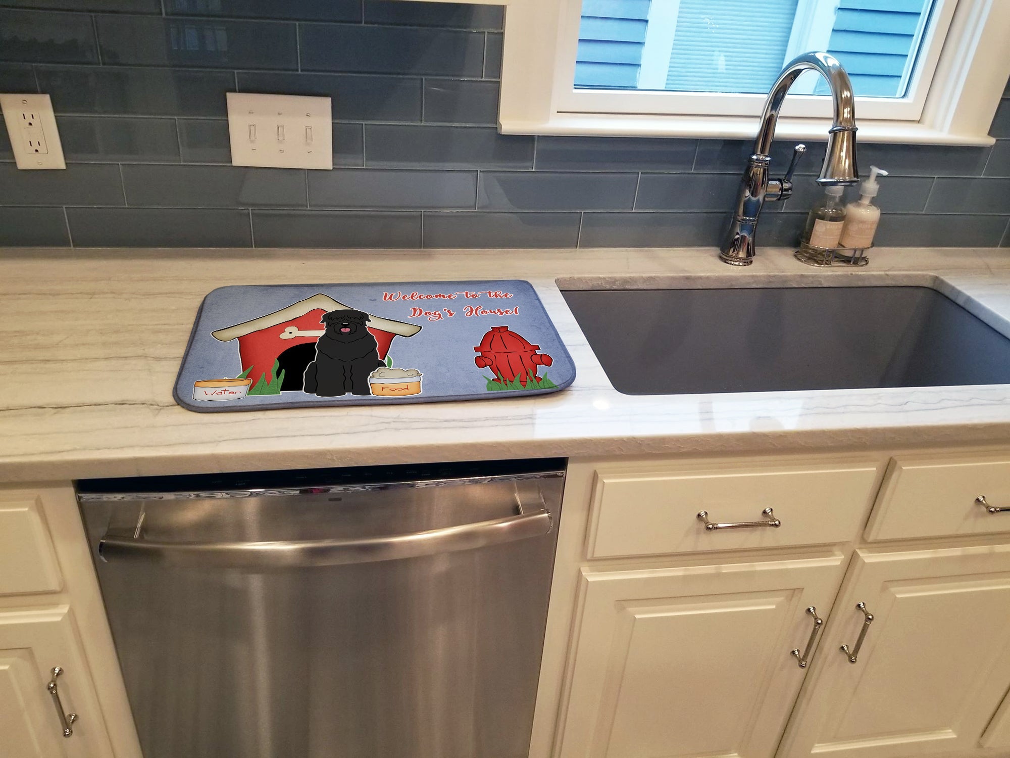 Dog House Collection Black Russian Terrier Dish Drying Mat Absorbent Dish Drying Mat Pad for Kitchen Counter Dish Drainer Mat for Countertop, 14 x 21", Multicolor