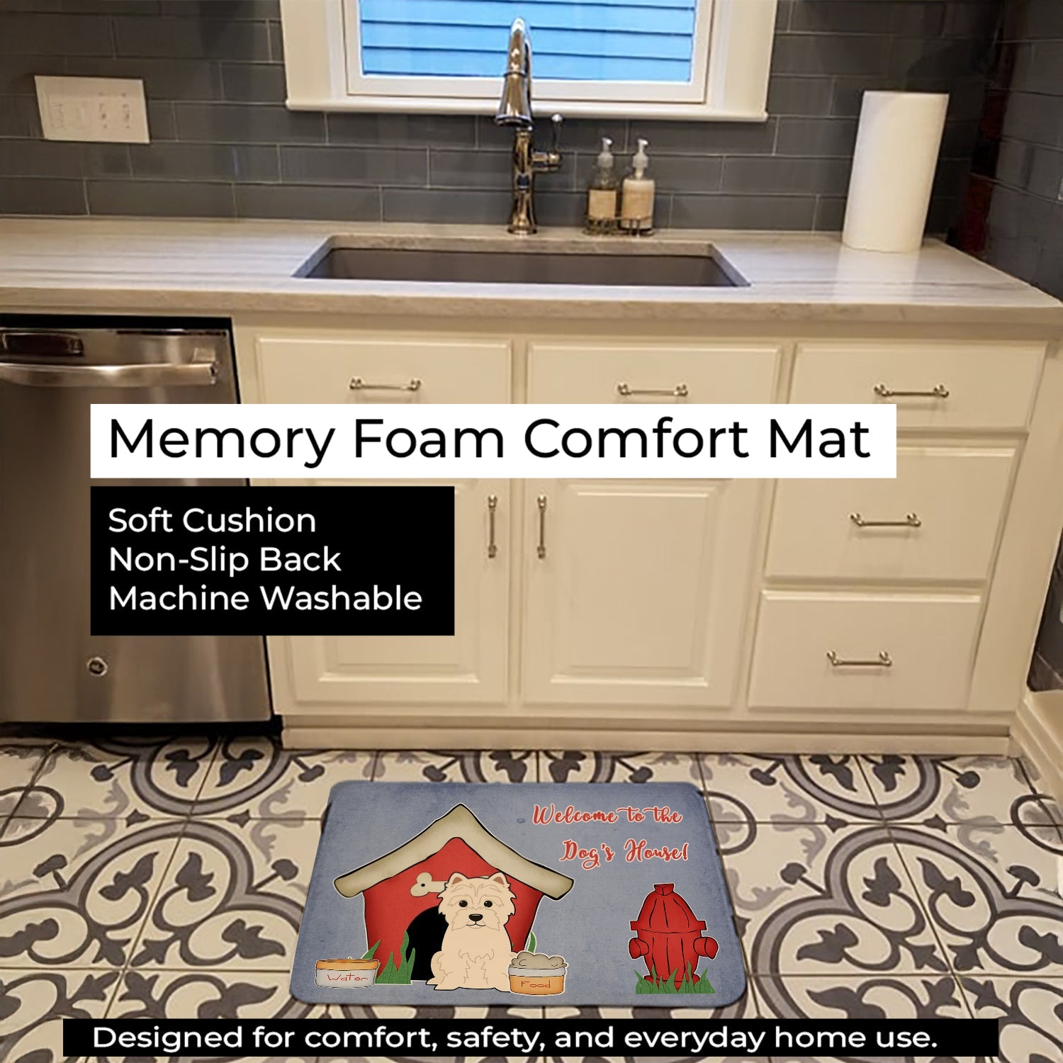 Dog House Collection Westie Memory Foam Kitchen Mat Machine Washable Anti-Fatigue Cushion Comfort Bath or Kitchen Rug