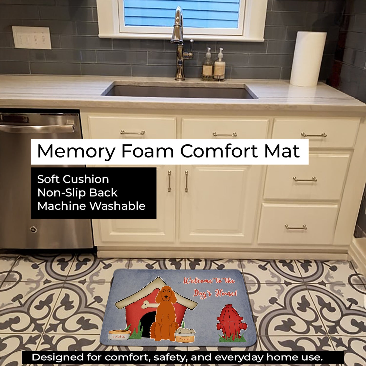 Dog House Collection Irish Setter Memory Foam Kitchen Mat Machine Washable Anti-Fatigue Cushion Comfort Bath or Kitchen Rug