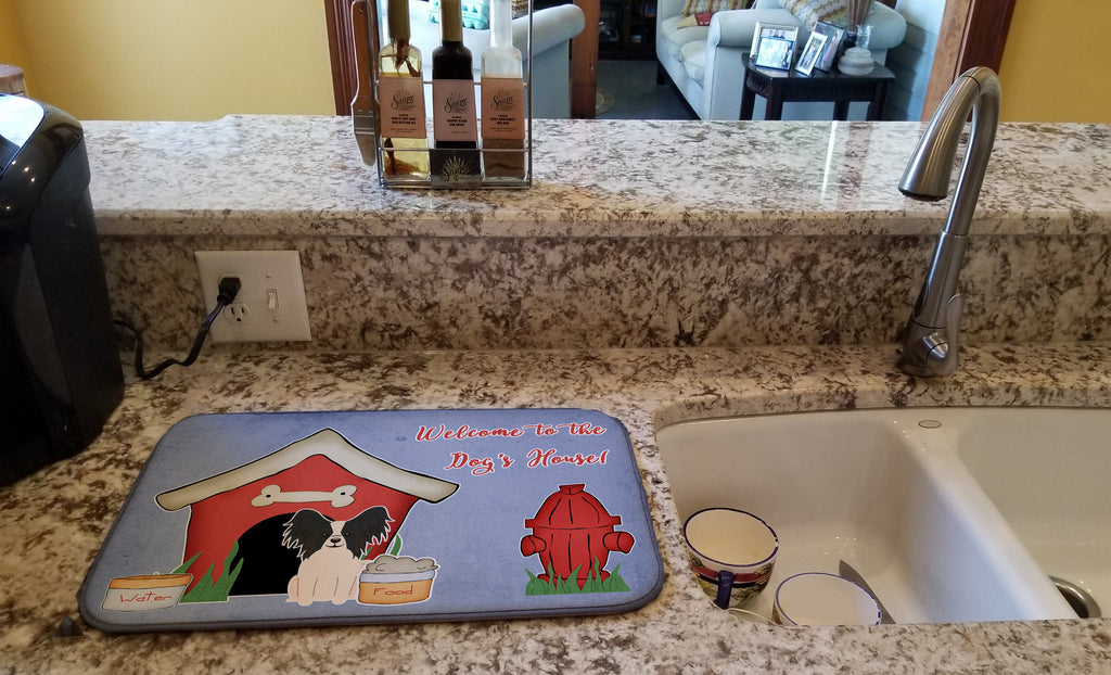 Dog House Collection Papillon Black White Dish Drying Mat Absorbent Dish Drying Mat Pad for Kitchen Counter Dish Drainer Mat for Countertop, 14 x 21", Multicolor