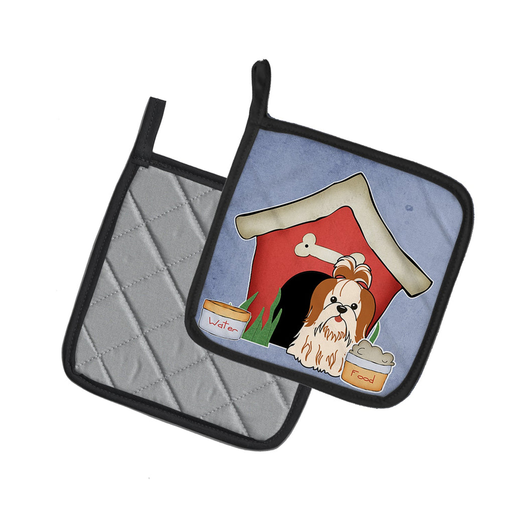 Dog House Collection Shih Tzu Red White Pot Holder Set of 2 Heat Resistant Quilted Hot Pads 7.5 x 7.5 Inch, Insulated Kitchen Trivets for Cooking & Baking
