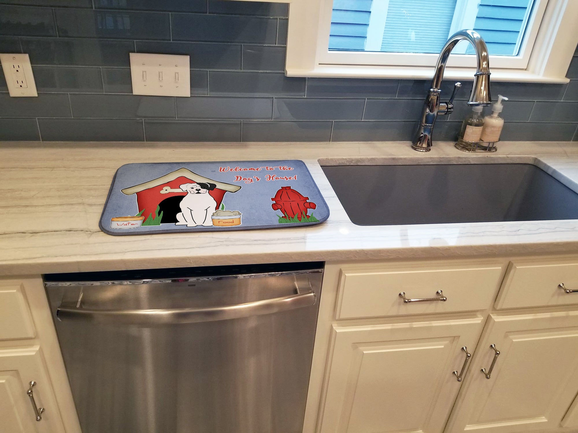 Dog House Collection White Boxer Cooper Dish Drying Mat Absorbent Dish Drying Mat Pad for Kitchen Counter Dish Drainer Mat for Countertop, 14 x 21", Multicolor