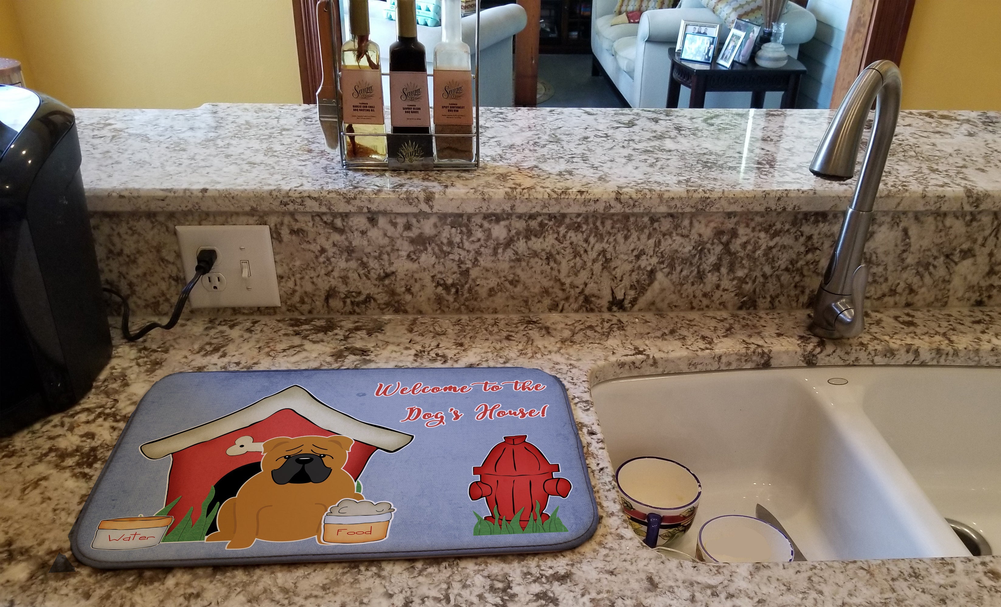 Dog House Collection English Bulldog Red Dish Drying Mat Absorbent Dish Drying Mat Pad for Kitchen Counter Dish Drainer Mat for Countertop, 14 x 21", Multicolor