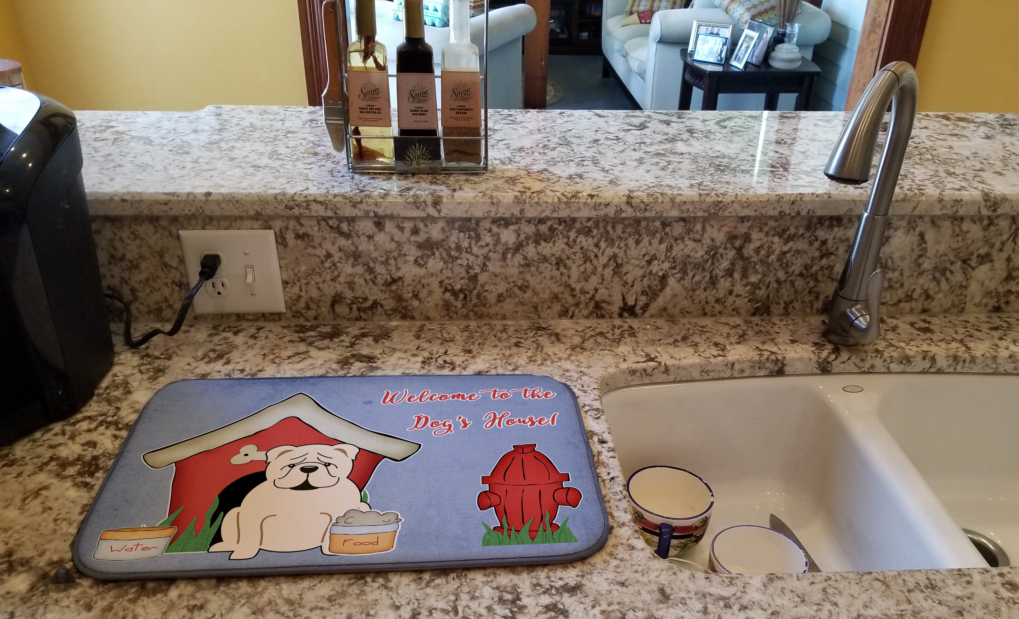 Dog House Collection English Bulldog White Dish Drying Mat Absorbent Dish Drying Mat Pad for Kitchen Counter Dish Drainer Mat for Countertop, 14 x 21", Multicolor