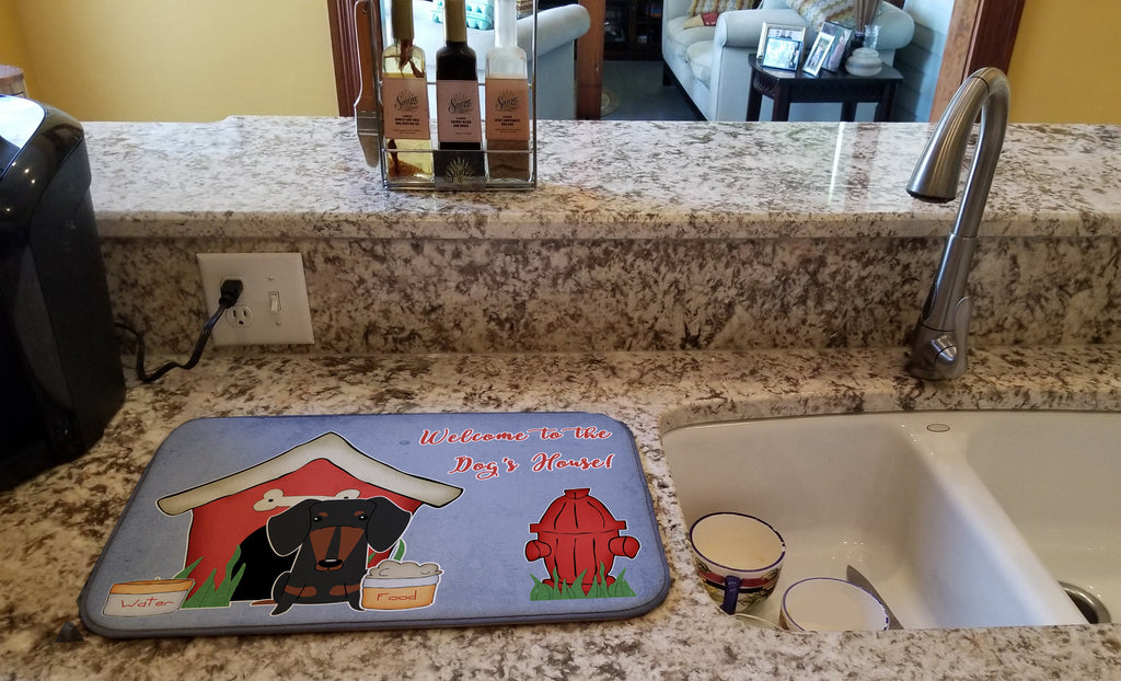 Dog House Collection Dachshund Black Tan Dish Drying Mat Absorbent Dish Drying Mat Pad for Kitchen Counter Dish Drainer Mat for Countertop, 14 x 21", Multicolor