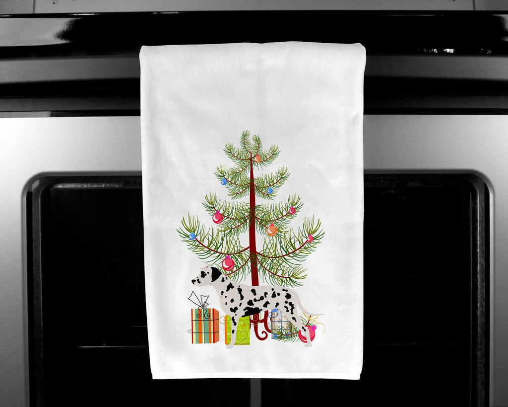 Dalmatian Merry Christmas Tree Kitchen Towel Set of 2 White Dish Towels Decorative Bathroom Hand towel for Hand, Face, Hair, Yoga, Tea, Dishcloth, 19 X 28", White