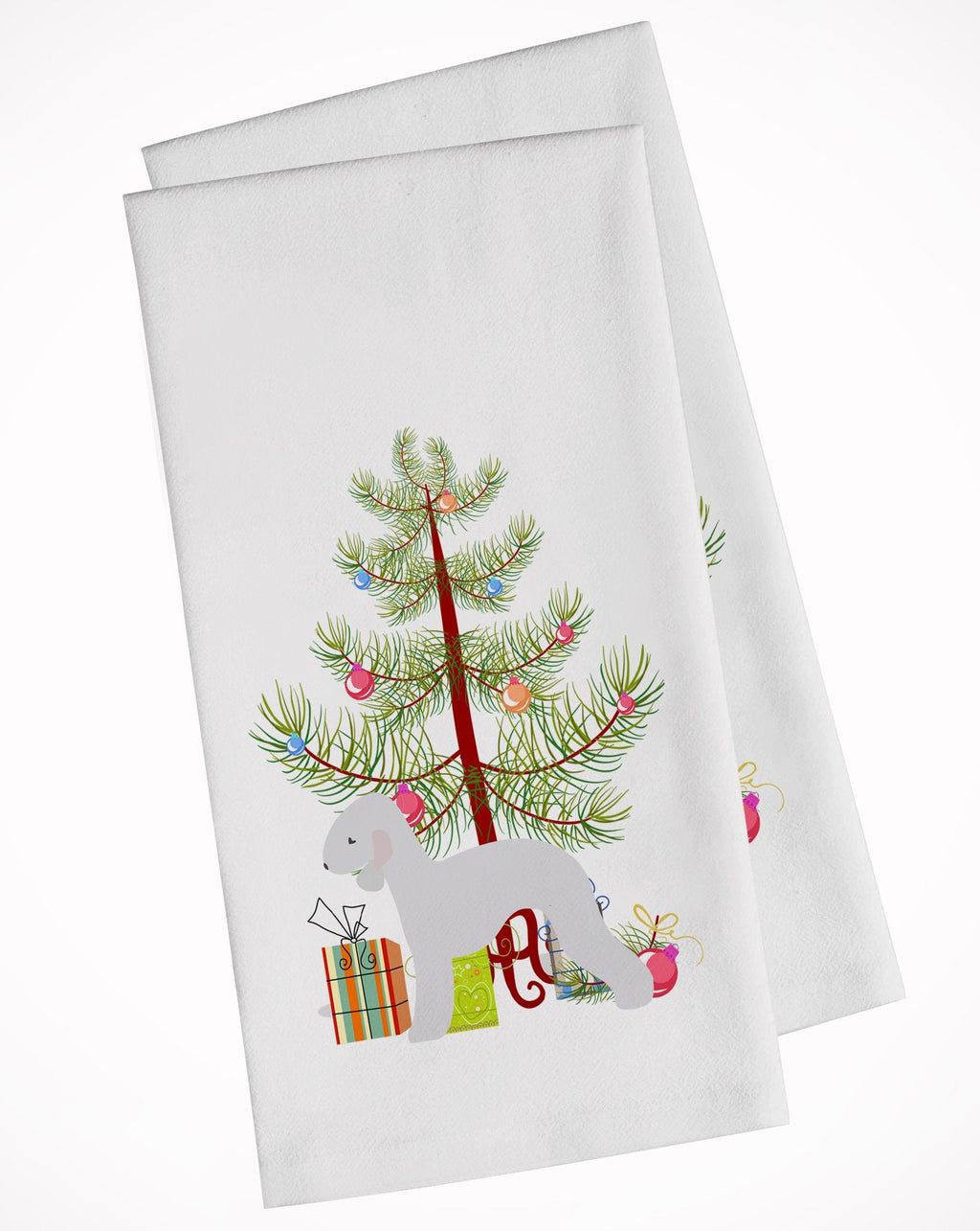 Bedlington Terrier Merry Christmas Tree Kitchen Towel Set of 2 White Dish Towels Decorative Bathroom Hand towel for Hand, Face, Hair, Yoga, Tea, Dishcloth, 19 X 28", White