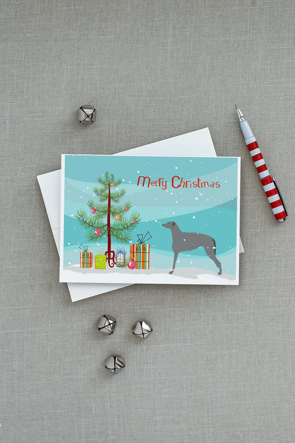 Scottish Deerhound Merry Christmas Tree Greeting Cards Pack of 8 Blank Cards with Envelopes Whimsical A7 Size 5x7