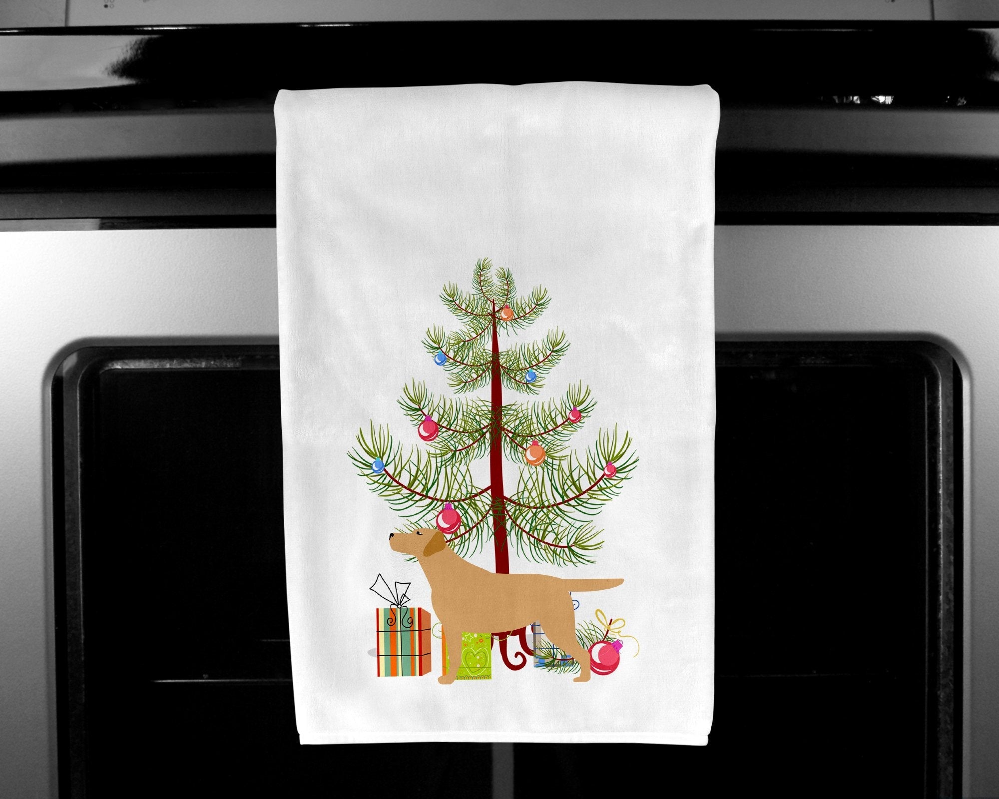 Yellow Labrador Retriever Merry Christmas Tree Kitchen Towel Set of 2 White Dish Towels Decorative Bathroom Hand towel for Hand, Face, Hair, Yoga, Tea, Dishcloth, 19 X 28", White