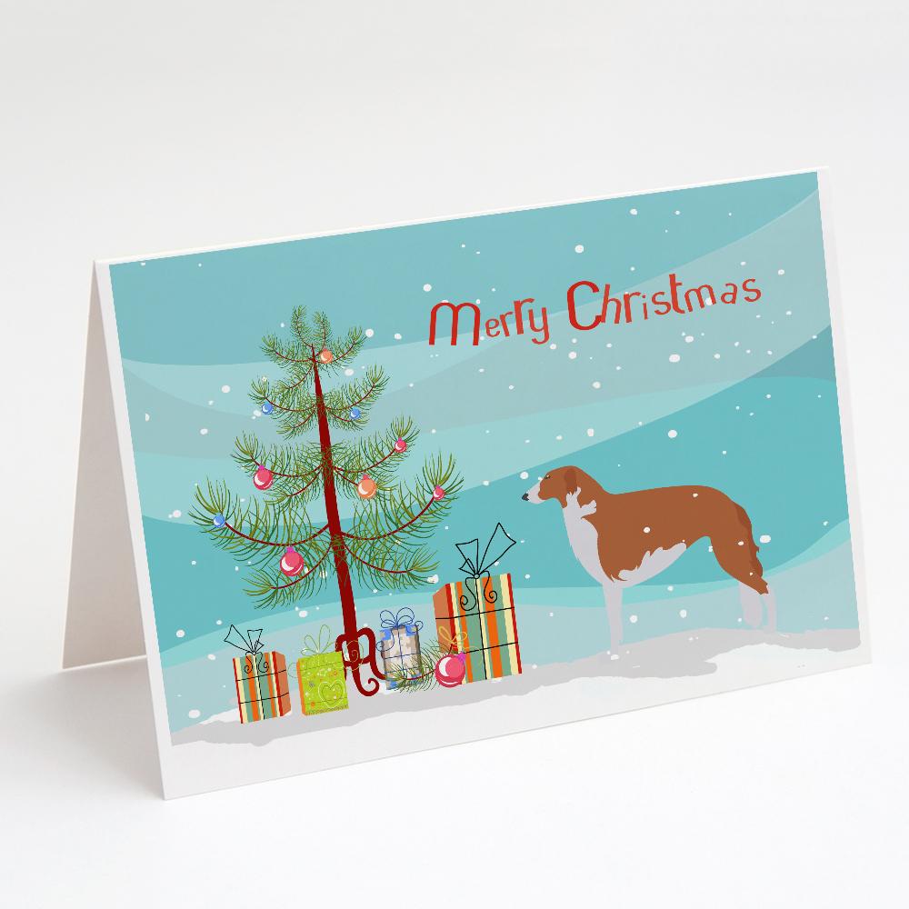 Borzoi Russian Greyhound Merry Christmas Tree Greeting Cards Pack of 8 Blank Cards with Envelopes Whimsical A7 Size 5x7