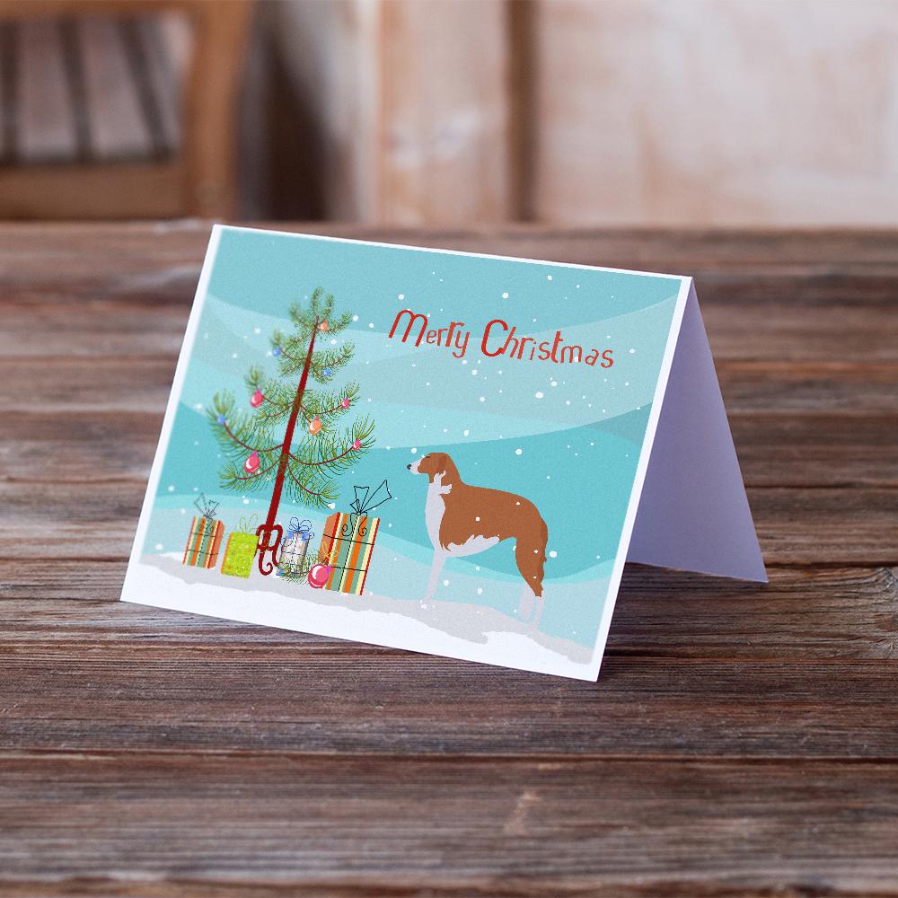 Borzoi Russian Greyhound Merry Christmas Tree Greeting Cards Pack of 8 Blank Cards with Envelopes Whimsical A7 Size 5x7