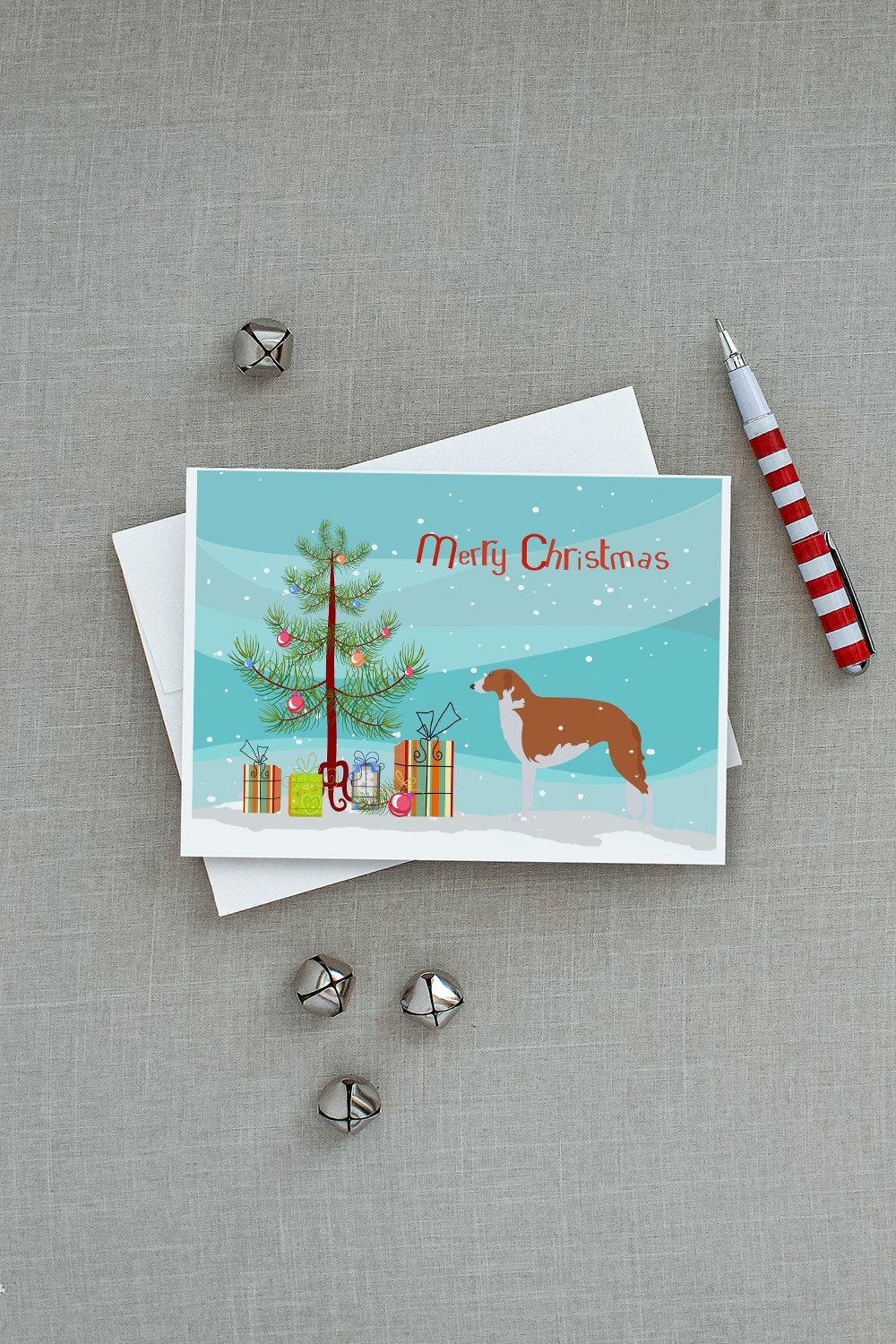 Borzoi Russian Greyhound Merry Christmas Tree Greeting Cards Pack of 8 Blank Cards with Envelopes Whimsical A7 Size 5x7