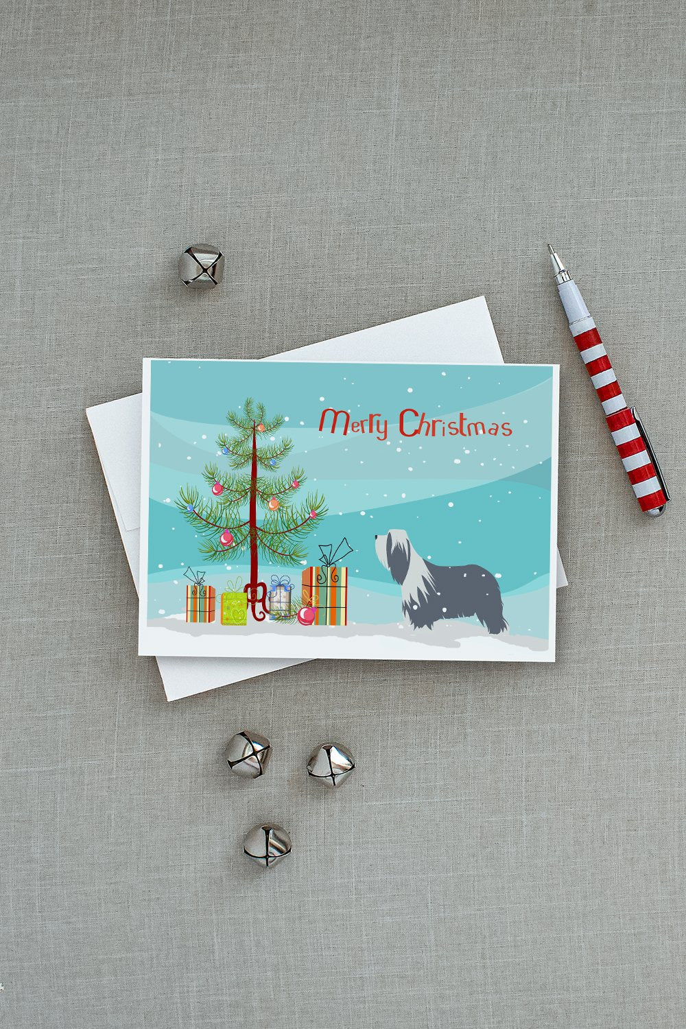 Bearded Collie Dog Merry Christmas Tree Greeting Cards Pack of 8 Blank Cards with Envelopes Whimsical A7 Size 5x7