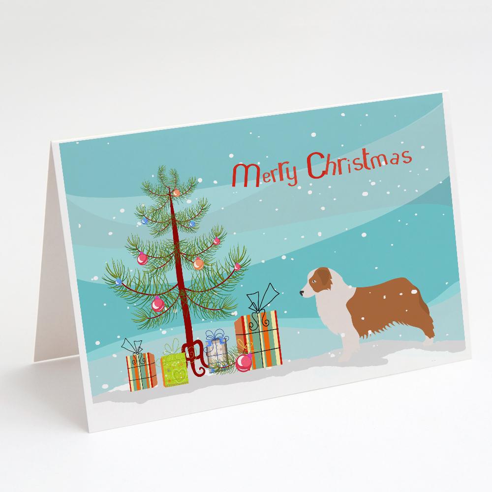 Australian Shepherd Dog Merry Christmas Tree Greeting Cards Pack of 8 Blank Cards with Envelopes Whimsical A7 Size 5x7