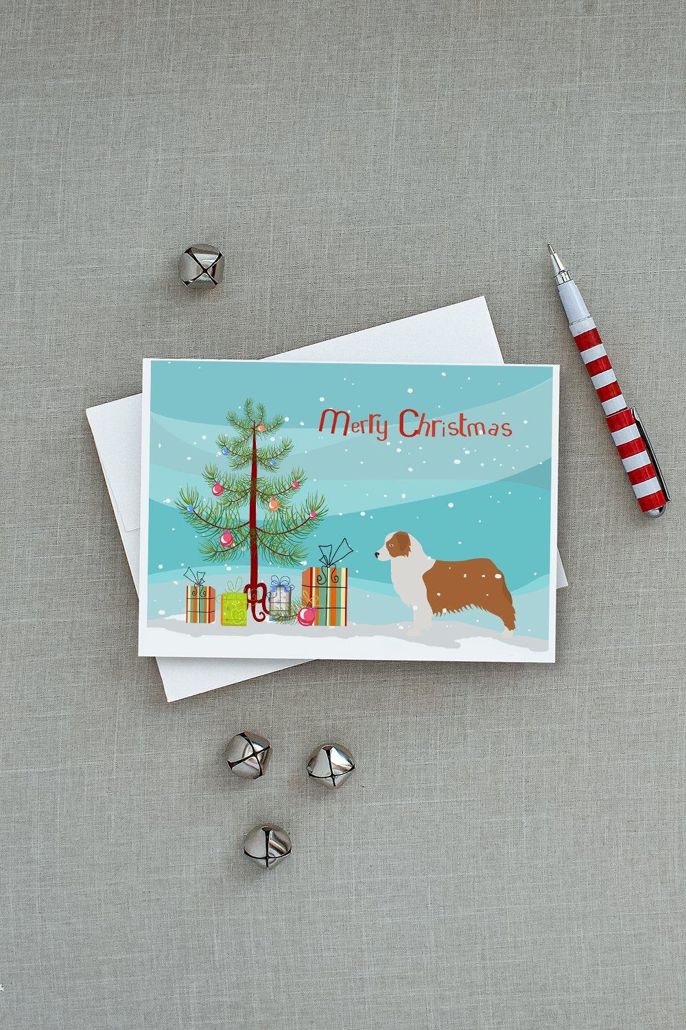 Australian Shepherd Dog Merry Christmas Tree Greeting Cards Pack of 8 Blank Cards with Envelopes Whimsical A7 Size 5x7