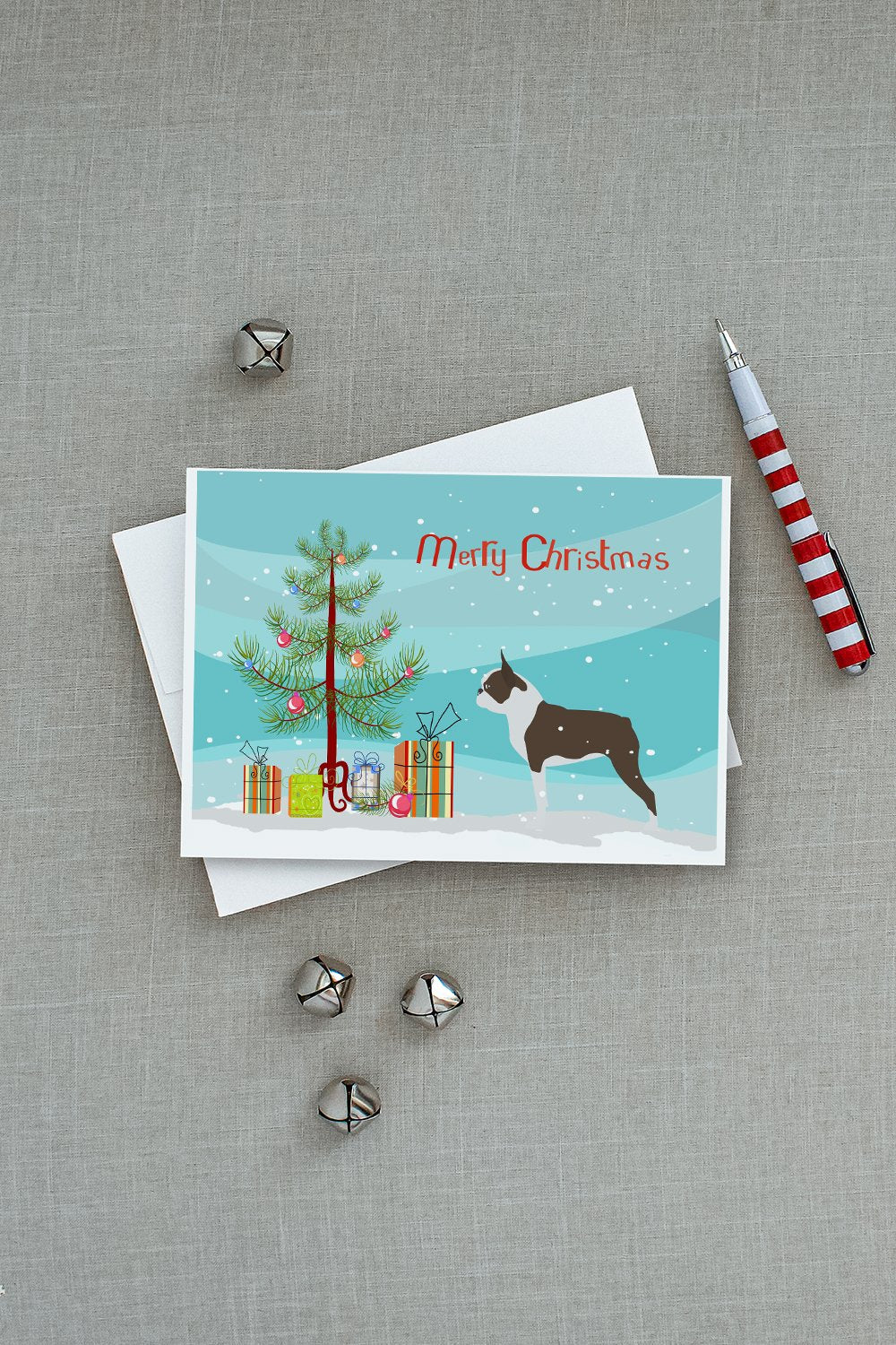 Boston Terrier Merry Christmas Tree Greeting Cards Pack of 8 Blank Cards with Envelopes Whimsical A7 Size 5x7