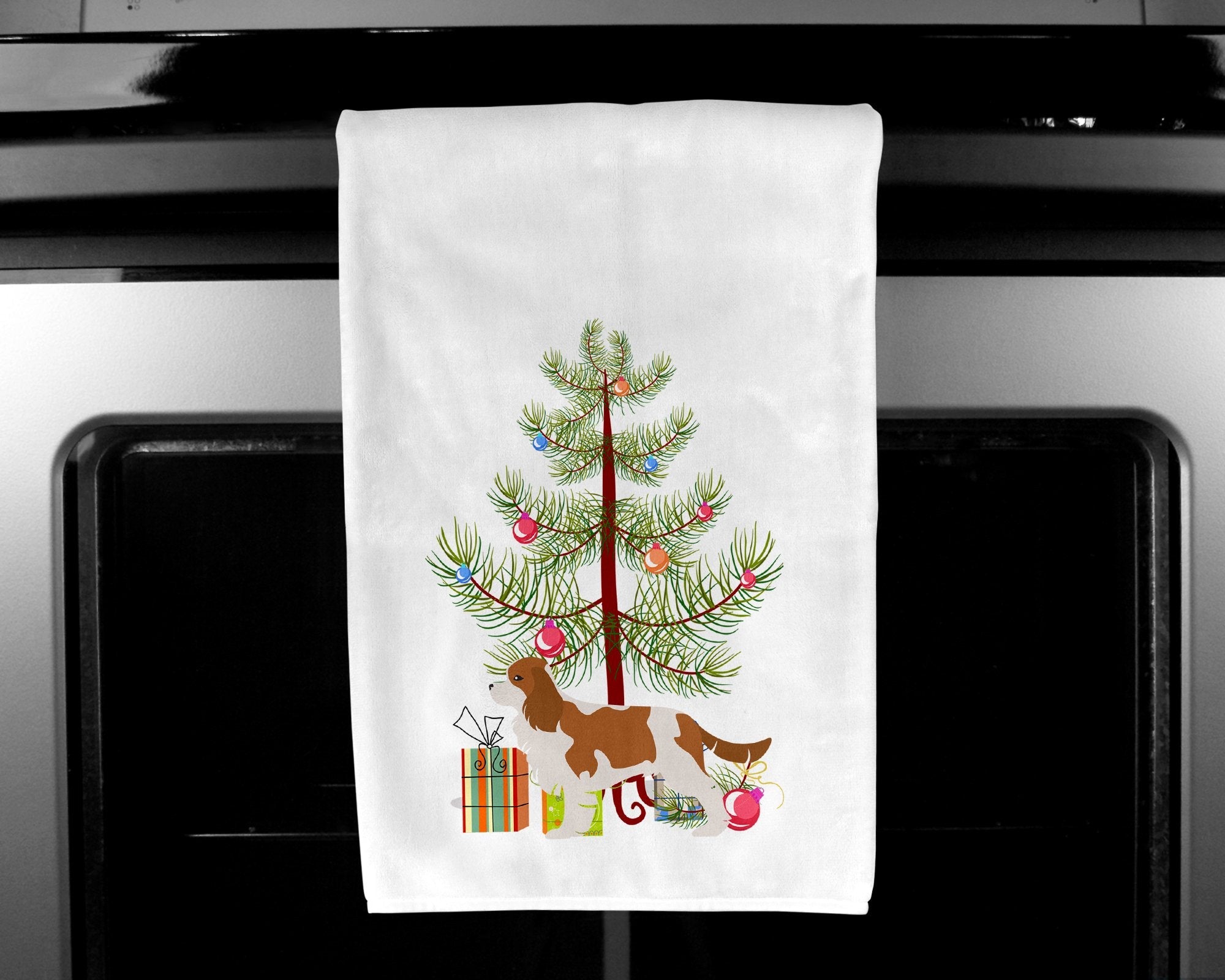 Cavalier King Charles Spaniel Merry Christmas Tree Kitchen Towel Set of 2 White Dish Towels Decorative Bathroom Hand towel for Hand, Face, Hair, Yoga, Tea, Dishcloth, 19 X 28", White