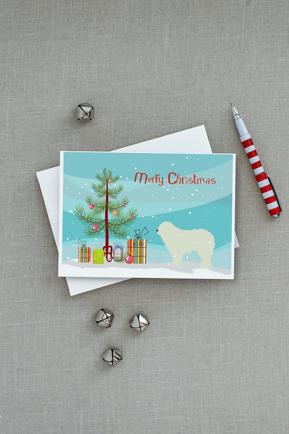 Komondor Merry Christmas Tree Greeting Cards Pack of 8 Blank Cards with Envelopes Whimsical A7 Size 5x7