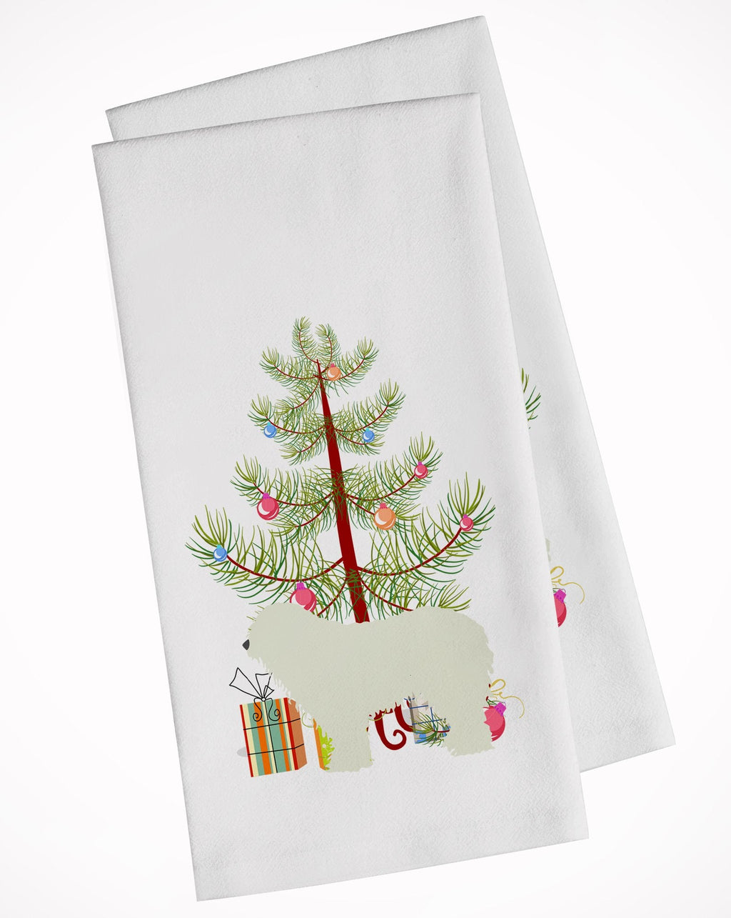 Komondor Merry Christmas Tree Kitchen Towel Set of 2 White Dish Towels Decorative Bathroom Hand towel for Hand, Face, Hair, Yoga, Tea, Dishcloth, 19 X 28", White