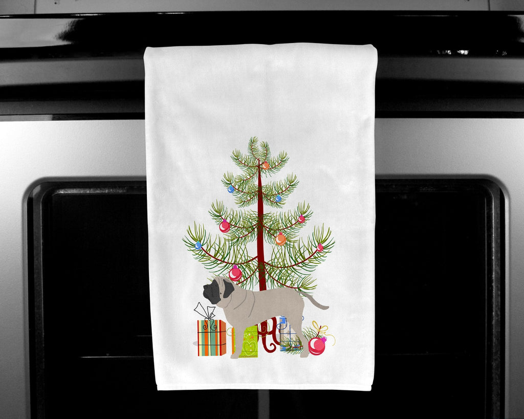 English Mastiff Merry Christmas Tree Kitchen Towel Set of 2 White Dish Towels Decorative Bathroom Hand towel for Hand, Face, Hair, Yoga, Tea, Dishcloth, 19 X 28", White