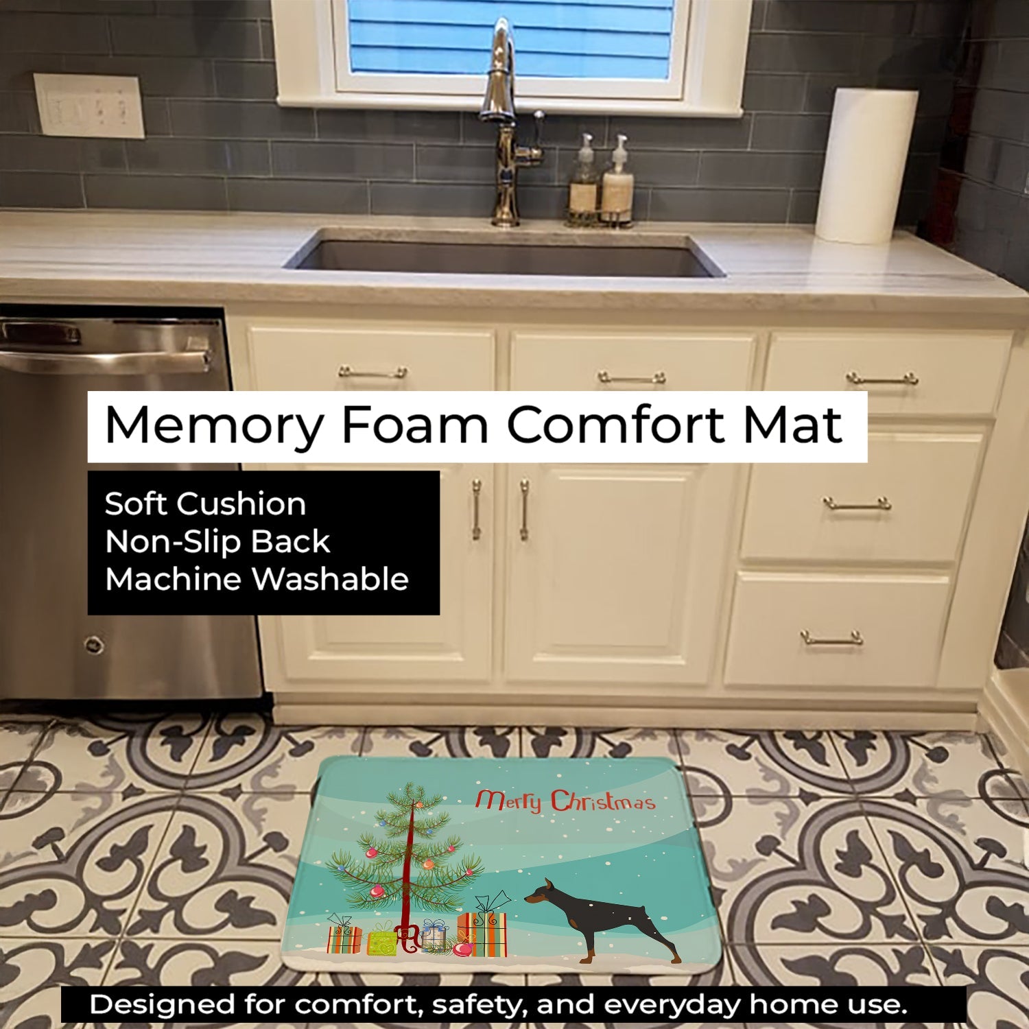 Doberman Pinscher Merry Christmas Tree Memory Foam Kitchen Mat Machine Washable Anti-Fatigue Cushion Comfort Bath or Kitchen Rug
