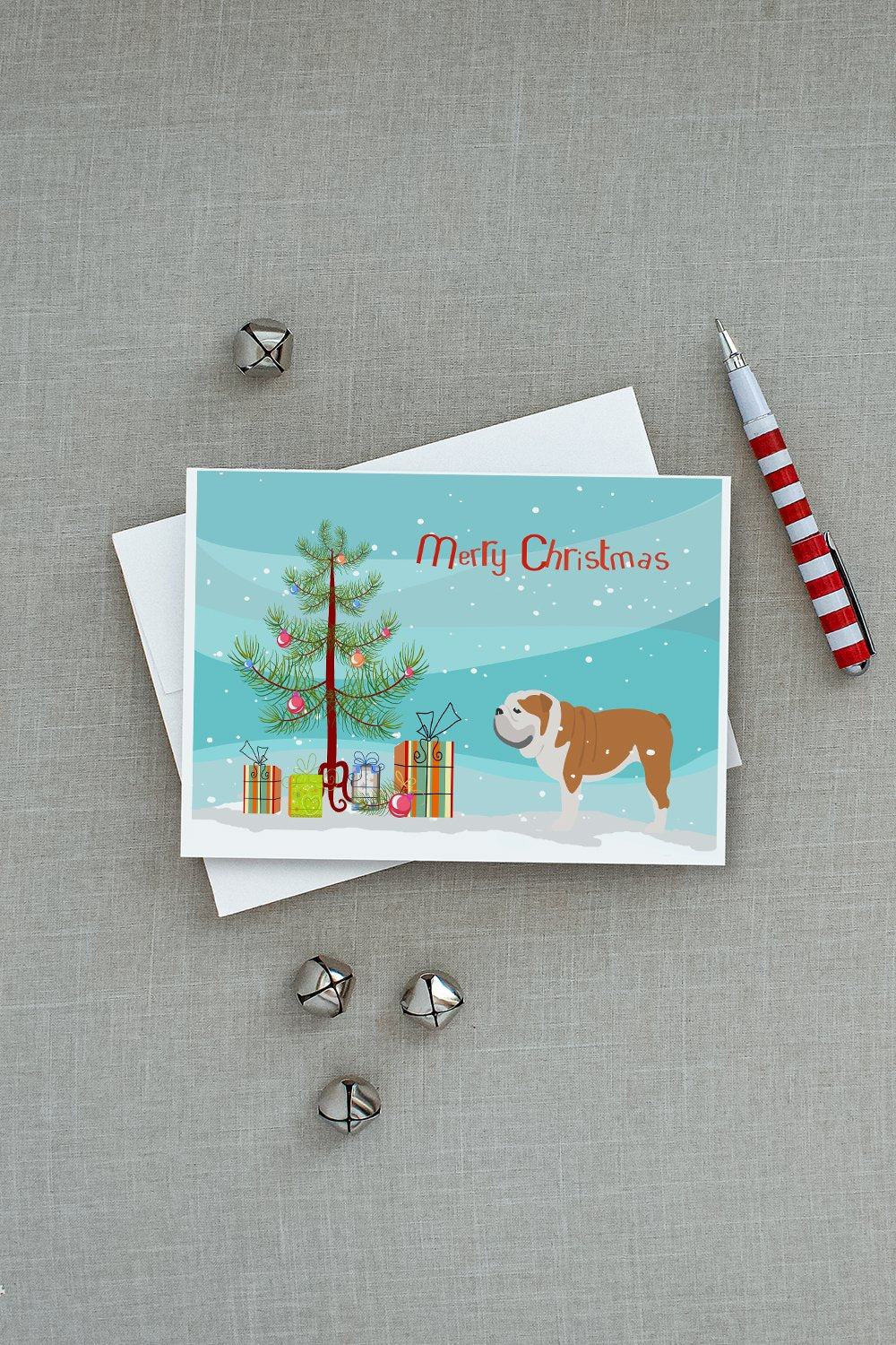 English Bulldog Merry Christmas Tree Greeting Cards Pack of 8 Blank Cards with Envelopes Whimsical A7 Size 5x7