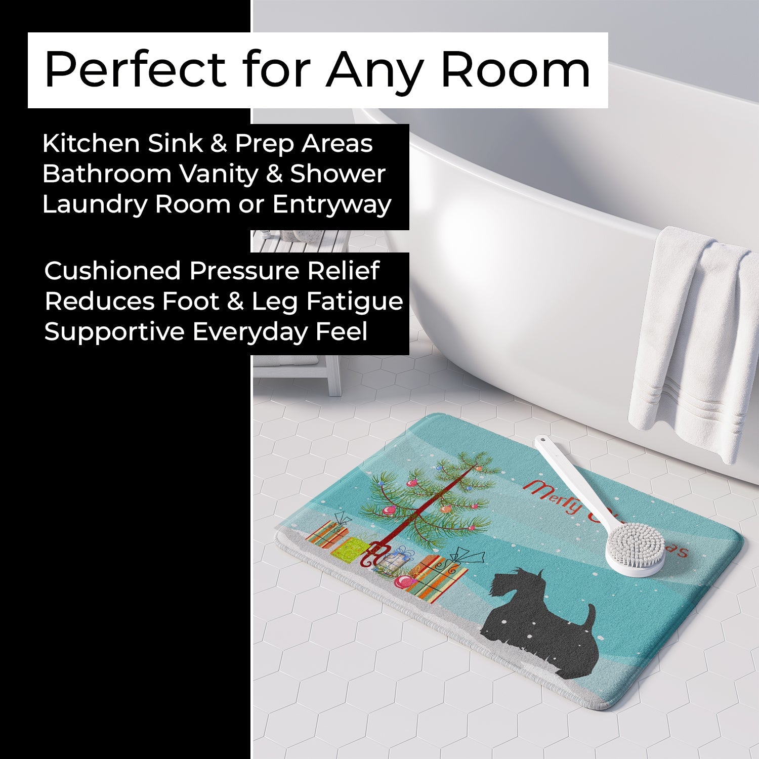 Scottish Terrier Merry Christmas Tree Memory Foam Kitchen Mat Machine Washable Anti-Fatigue Cushion Comfort Bath or Kitchen Rug