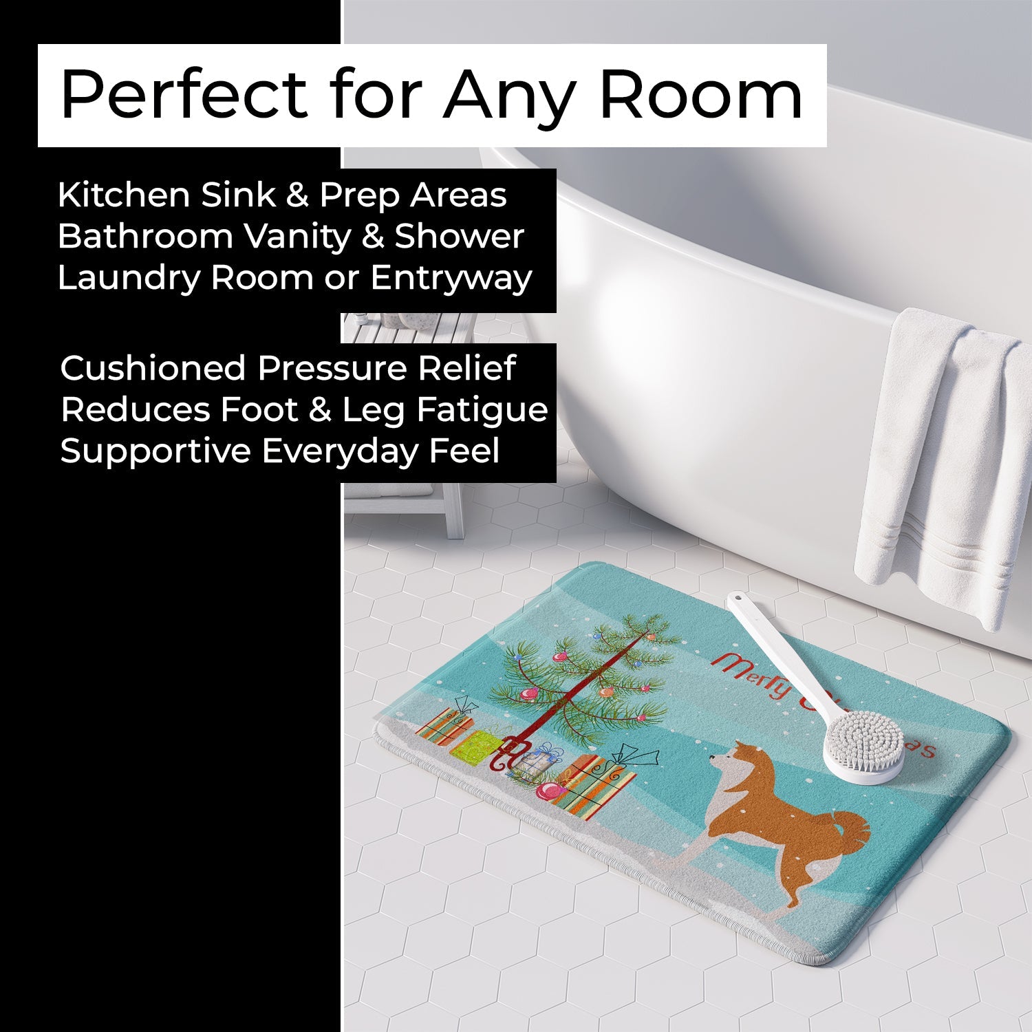 Akita Merry Christmas Tree Memory Foam Kitchen Mat Machine Washable Anti-Fatigue Cushion Comfort Bath or Kitchen Rug