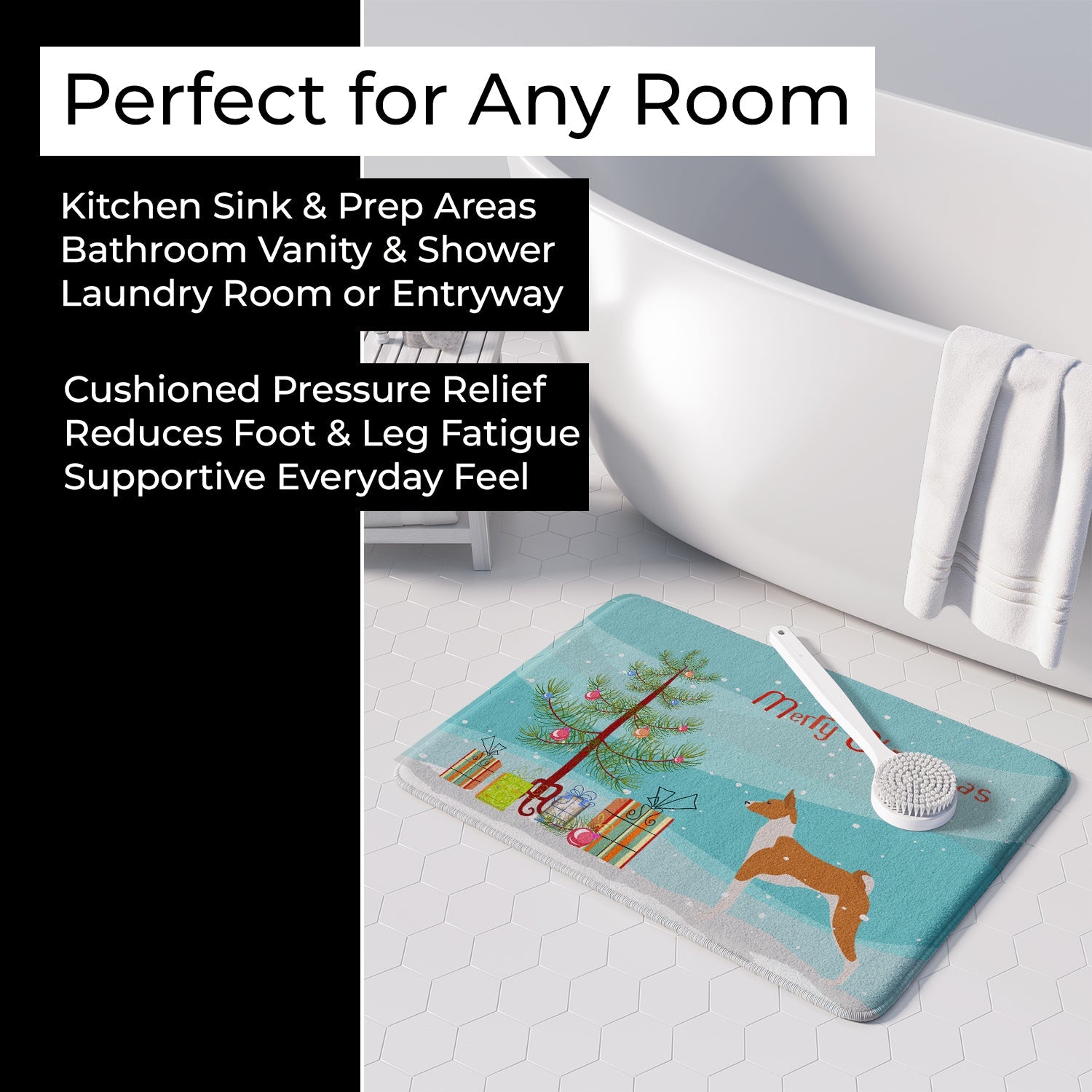 Basenji Merry Christmas Tree Memory Foam Kitchen Mat Machine Washable Anti-Fatigue Cushion Comfort Bath or Kitchen Rug