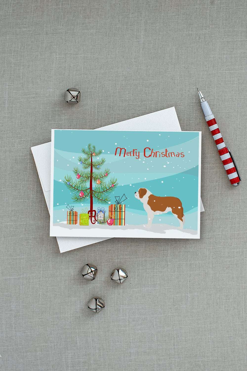 Saint Bernard Merry Christmas Tree Greeting Cards Pack of 8 Blank Cards with Envelopes Whimsical A7 Size 5x7