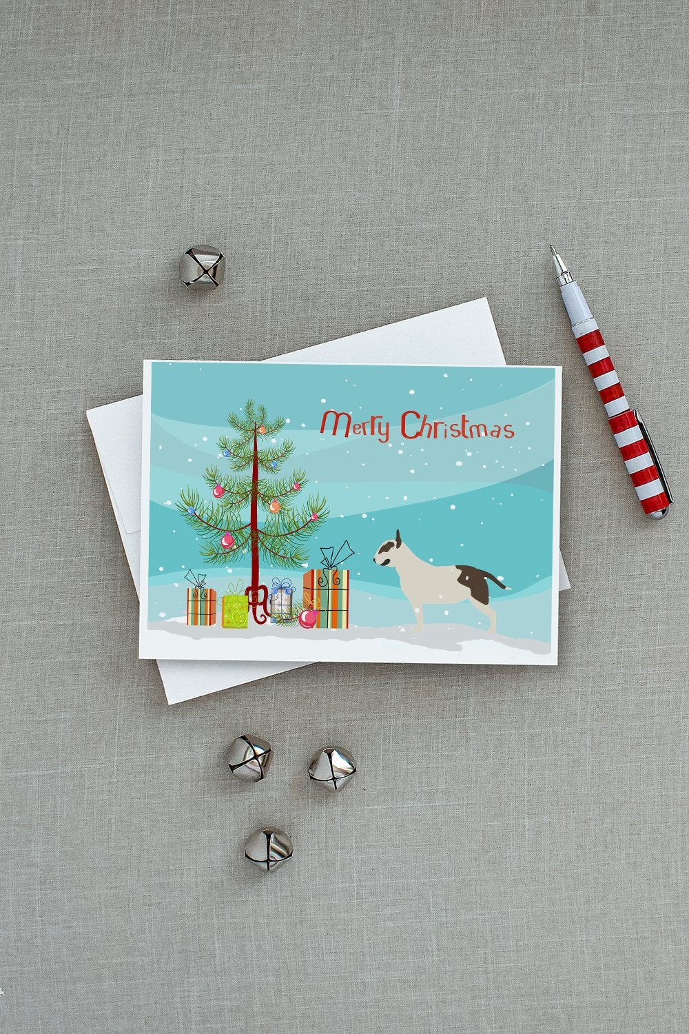 Bull Terrier Merry Christmas Tree Greeting Cards Pack of 8 Blank Cards with Envelopes Whimsical A7 Size 5x7