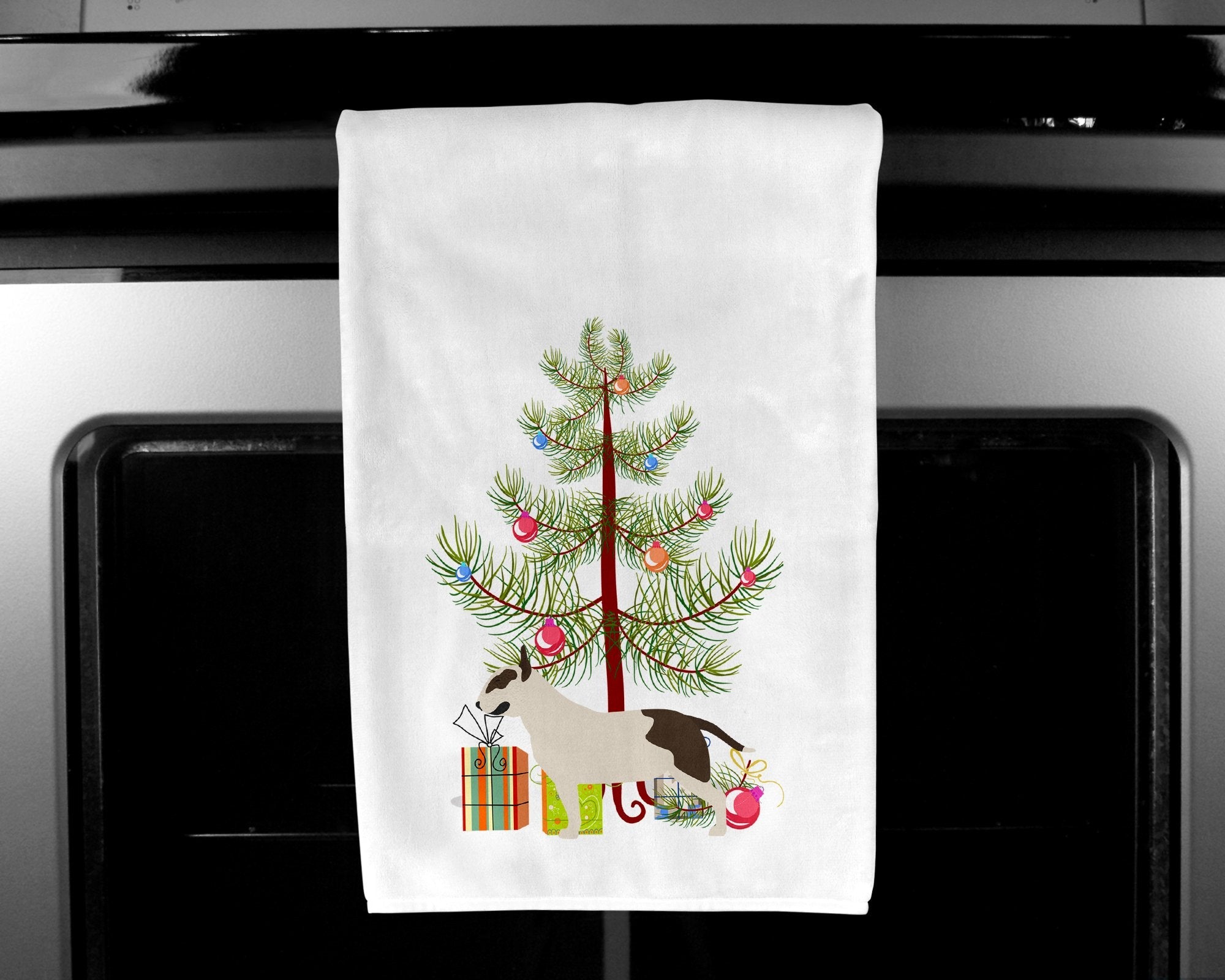 Bull Terrier Merry Christmas Tree Kitchen Towel Set of 2 White Dish Towels Decorative Bathroom Hand towel for Hand, Face, Hair, Yoga, Tea, Dishcloth, 19 X 28", White
