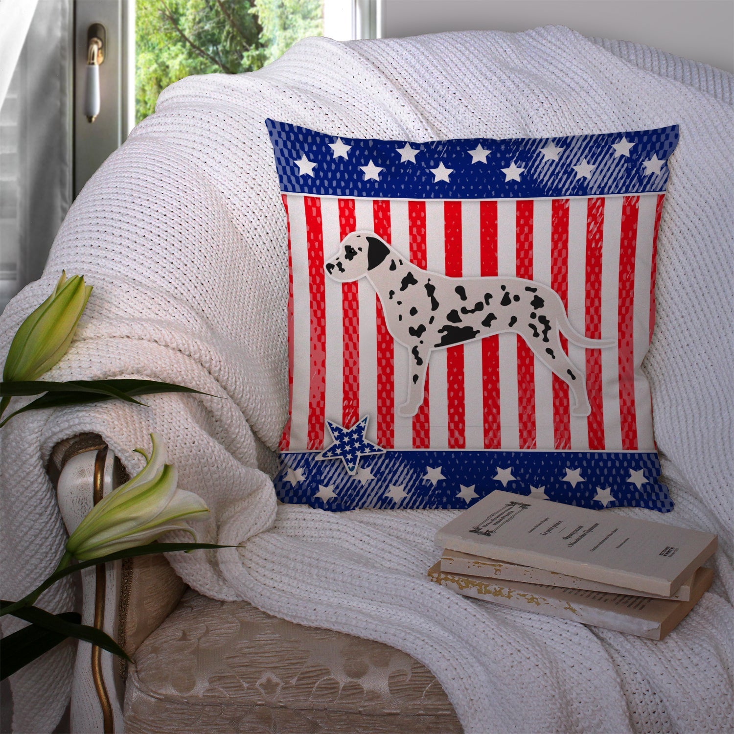 USA Patriotic Dalmatian Decorative Throw Pillow 14x14 Indoor Outdoor Accent Cushion, Fabric Cover with Insert for Sofa, Bed, Porch & Living Room
