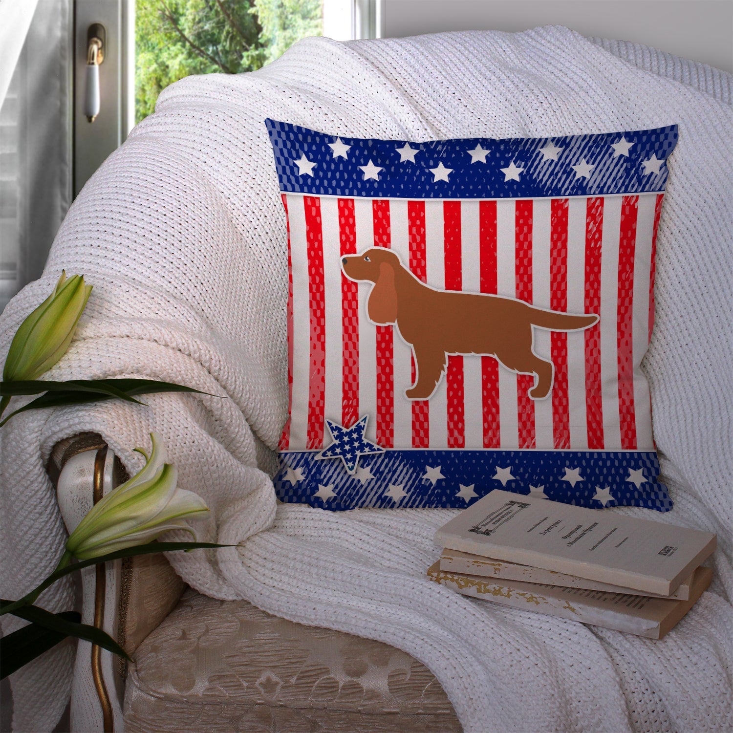USA Patriotic English Cocker Spaniel Decorative Throw Pillow 14x14 Indoor Outdoor Accent Cushion, Fabric Cover with Insert for Sofa, Bed, Porch & Living Room