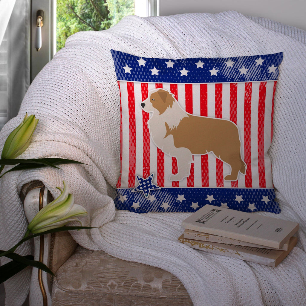 USA Patriotic Red Border Collie Decorative Throw Pillow 14x14 Indoor Outdoor Accent Cushion, Fabric Cover with Insert for Sofa, Bed, Porch & Living Room