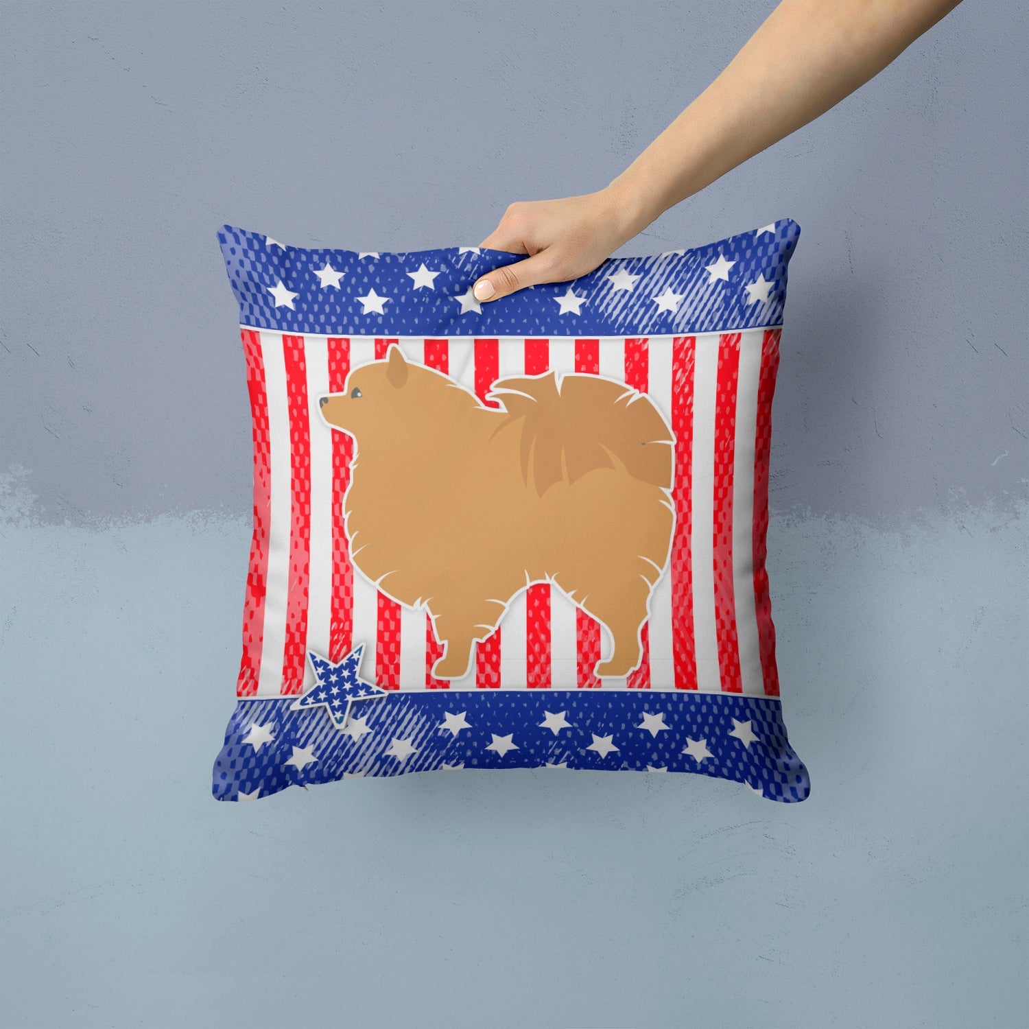 USA Patriotic Pomeranian Decorative Throw Pillow 14x14 Indoor Outdoor Accent Cushion, Fabric Cover with Insert for Sofa, Bed, Porch & Living Room