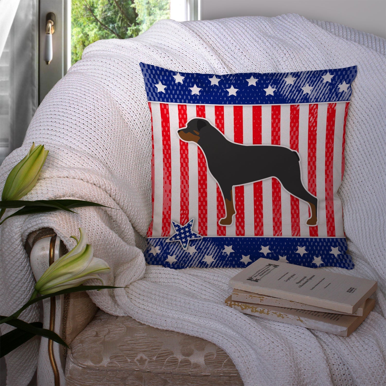 USA Patriotic Rottweiler Decorative Throw Pillow 14x14 Indoor Outdoor Accent Cushion, Fabric Cover with Insert for Sofa, Bed, Porch & Living Room
