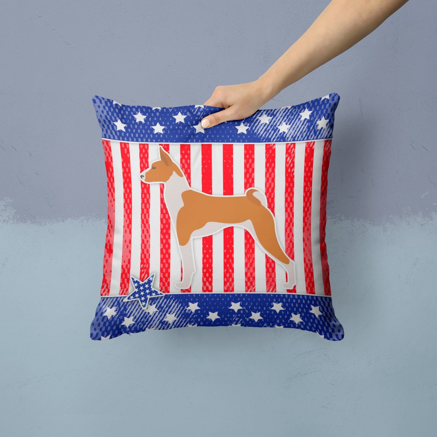 USA Patriotic Basenji Decorative Throw Pillow 14x14 Indoor Outdoor Accent Cushion, Fabric Cover with Insert for Sofa, Bed, Porch & Living Room